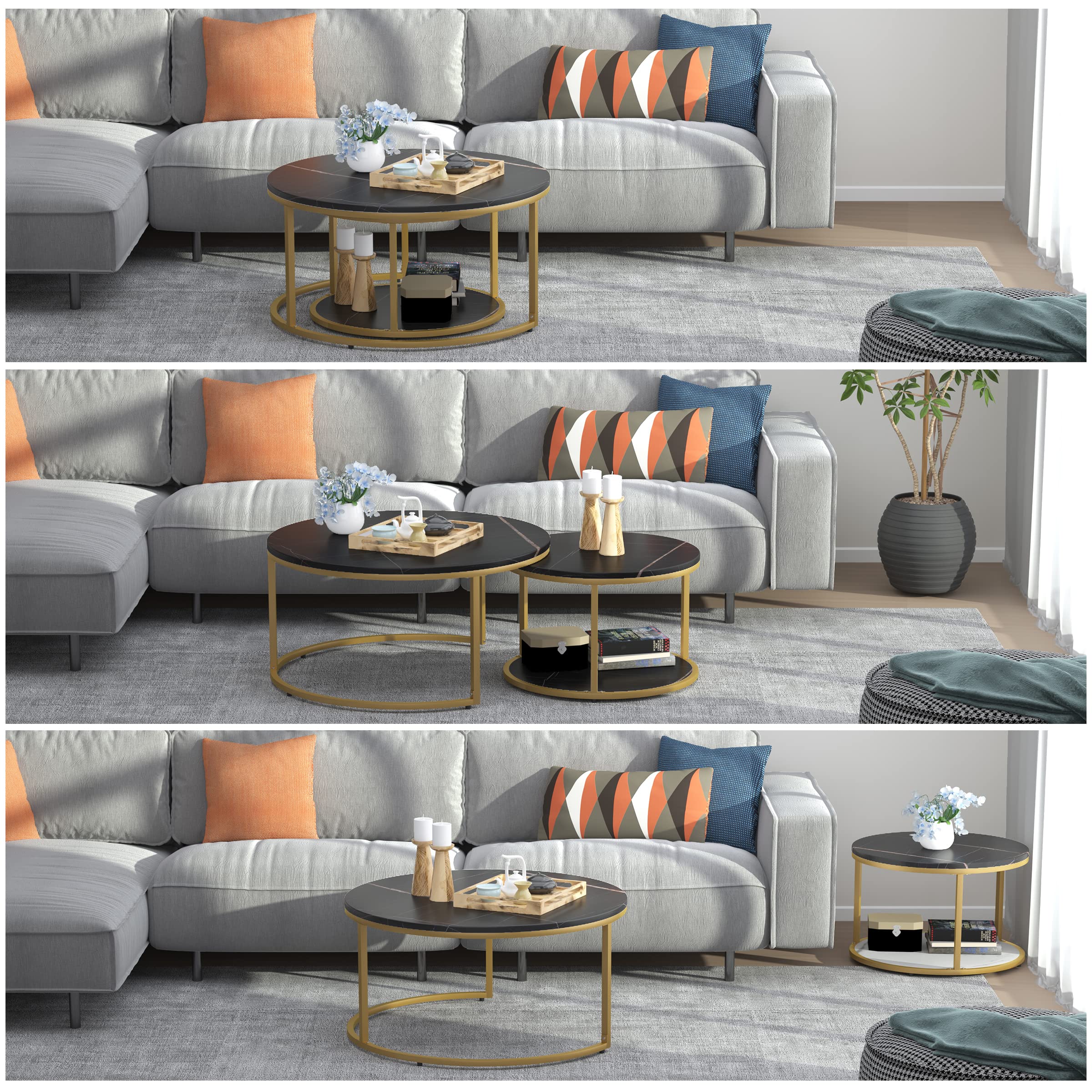 Modern Round Nesting Coffee Table Set of 2 - 34 Inch Wooden Circle Accent Tables with Gold Metal Frame for Living Room, Balcony & Office - Easy Assembly Black & Black - Perfect for Small Spaces, Home Decor & Coffee Time