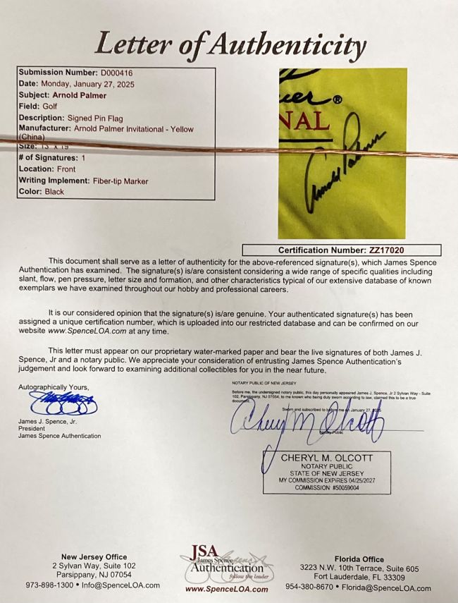 Arnold Palmer Autographed Framed Golf Flag - Arnold Palmer Invitational Yellow Flag with JSA COA - Perfect for Golf Memorabilia Collectors & Man Cave Decor