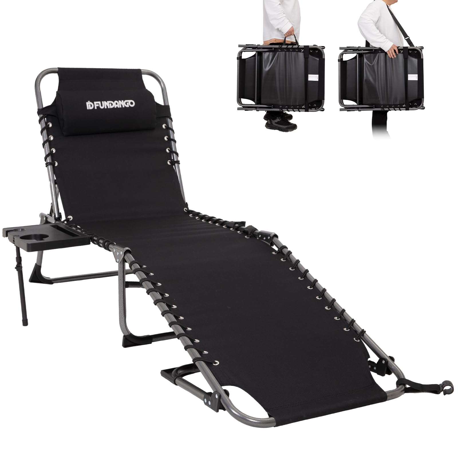FUNDANGO Outdoor Folding Chaise Lounge Chair with Side Table - 5-Position Adjustable Reclining Camping Chair for Adults with Pillow - Perfect for Patio, Pool, Lawn, Beach & Sunbathing - Black