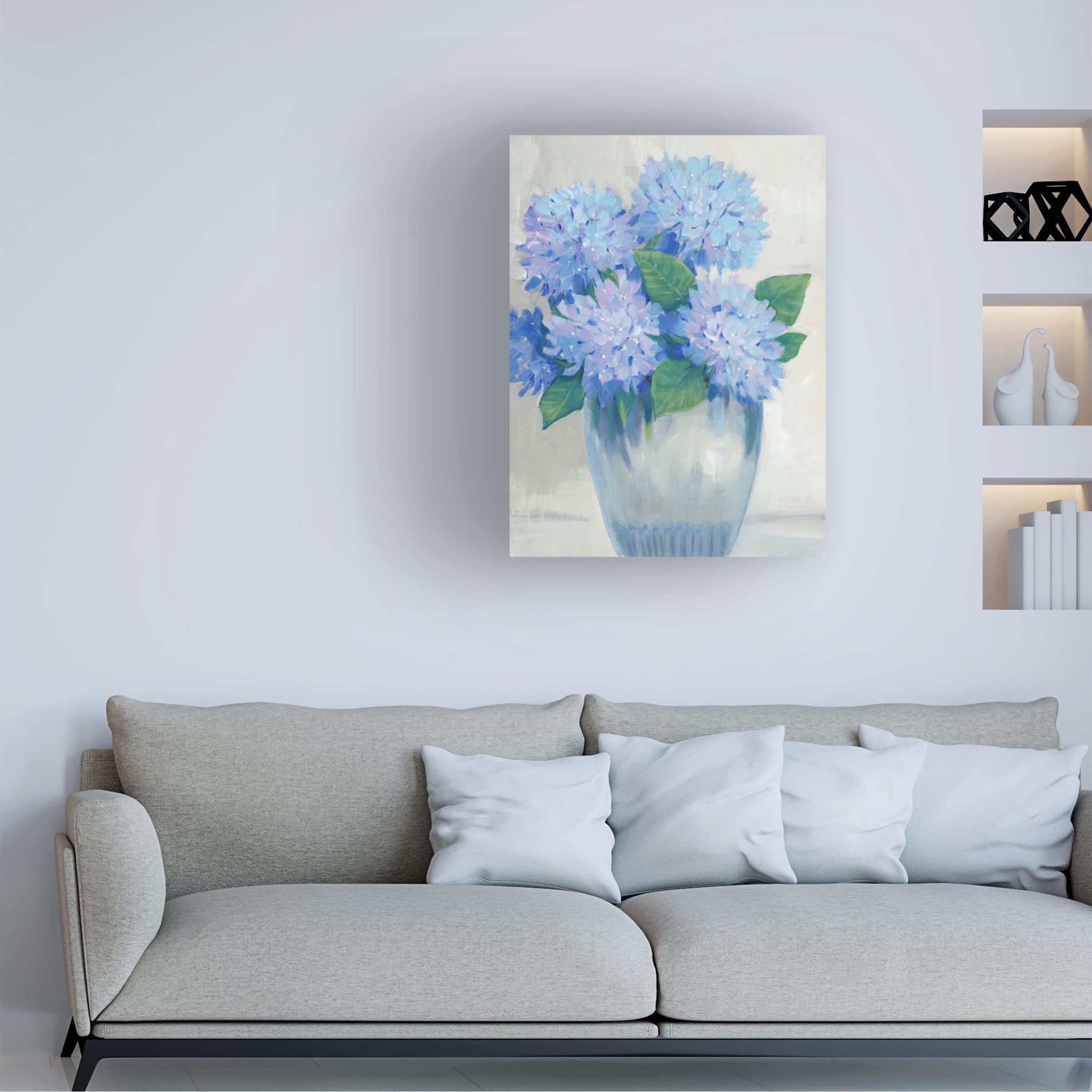 Blue Hydrangeas In Vase II Canvas Wall Art Print by Tim OToole - Floral Home Decor for Living Room, Bedroom & Office