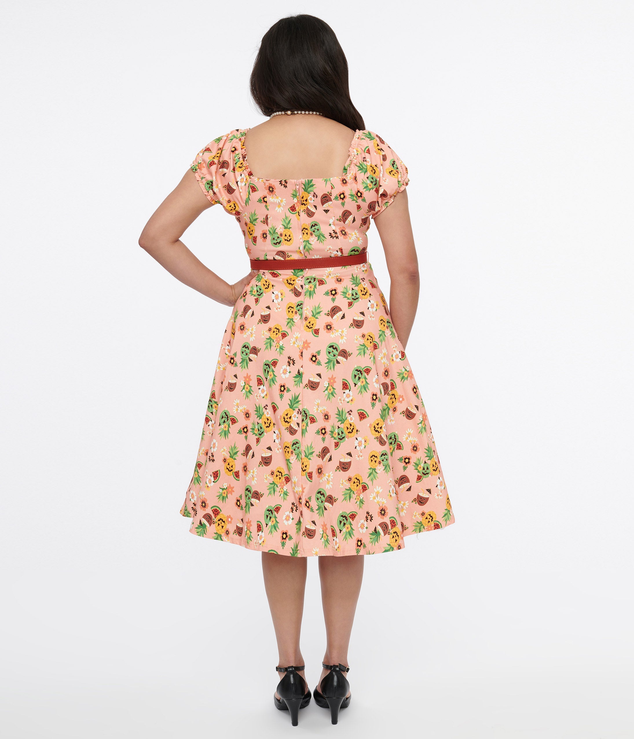 Vintage 1950s Pink Jack O'Lantern Fruit Ohara Swing Dress - Retro Halloween Costume & Party Dress for Women, Perfect for Halloween Parties, Swing Dancing, and Vintage-Themed Events
