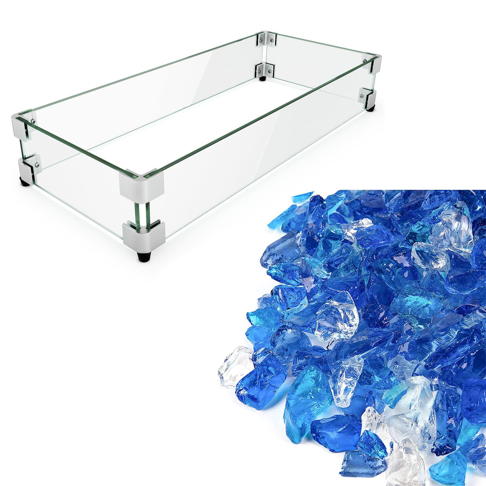 GASPRO 29 x 13 x 6 Inch Fire Pit Glass Wind Guard with 10LB High Luster Bahama Blend Fire Glass - Perfect for Outdoor Patio, Backyard, and Garden Fire Pits