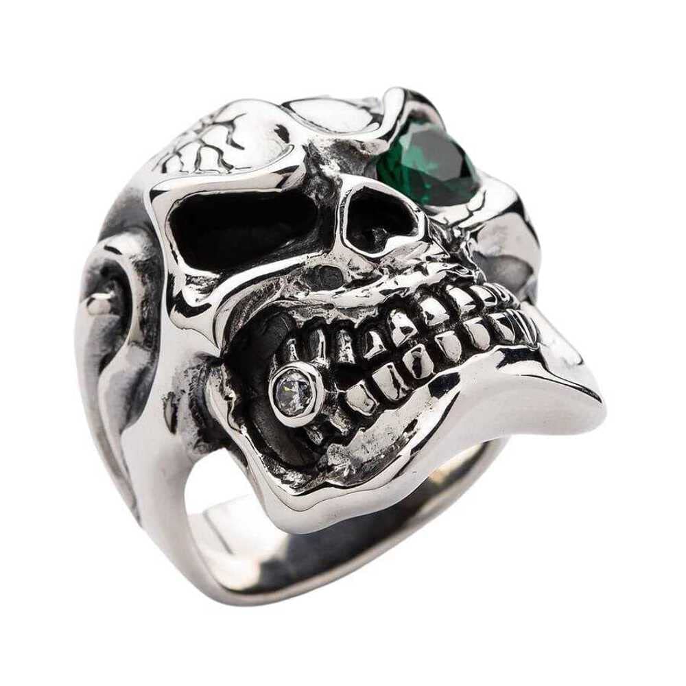 Bikerringshop 925 Sterling Silver Men's Skull Ring with Emerald Eyes - Gothic Jewelry for Bikers, Rockers & Punk Fashion Lovers