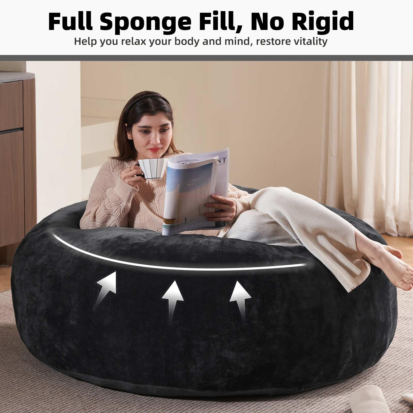 5FT Oversized Memory Foam Bean Bag Chair for Adults with Removable Washable Flannel Cover - Includes Filler - Perfect for Living Room, Bedroom & Reading Nook (Black)