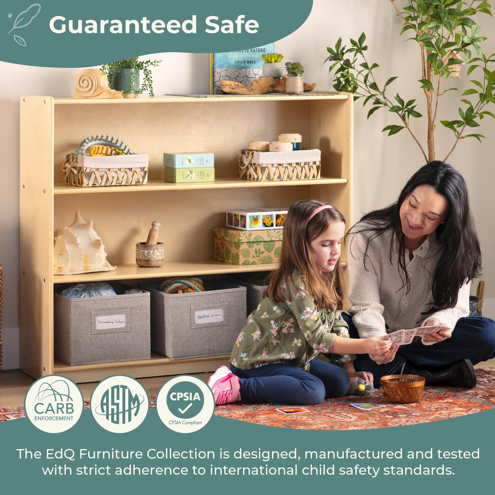 Guidecraft EdQ Three Shelf Open Storage Unit with 3 Fabric Bins - Natural Wood Kids Bookcase & Toy Organizer for Homeschool, Classroom, Playroom & Bedroom Storage Solutions
