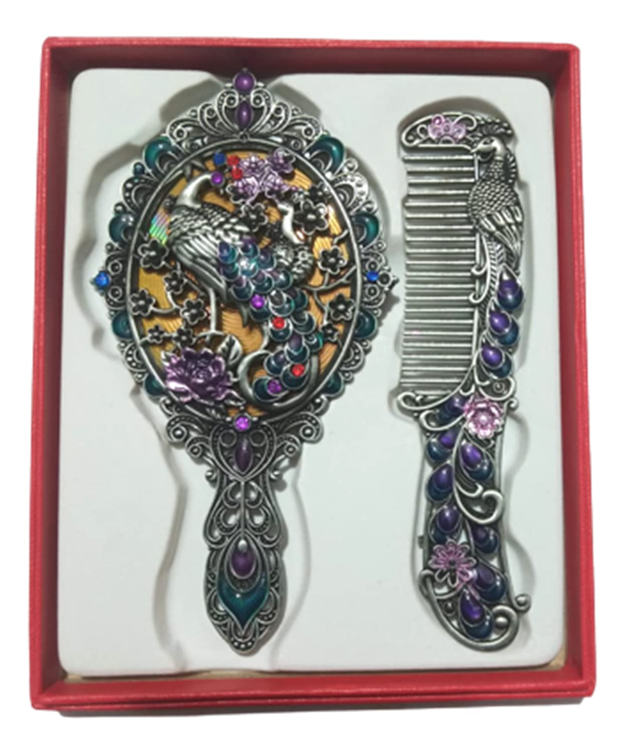 Vintage Peacock Design Antique Makeup Mirror with Comb & Hair Brush - Portable Travel Cosmetic Mirror Set for Women & Girls (Random Color) | Perfect Gift for Birthday, Wedding, Anniversary & Home Decor