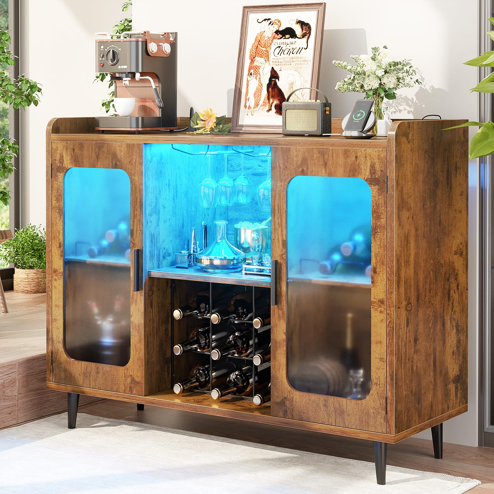 Rustic Brown Wine Bar Cabinet with Power Outlet & LED Lighting - Home Bar Cabinet with Glass Holder & Storage Shelf, Coffee Bar Sideboard for Kitchen, Dining Room - Perfect for Entertaining, Home Decor & Small Space Storage