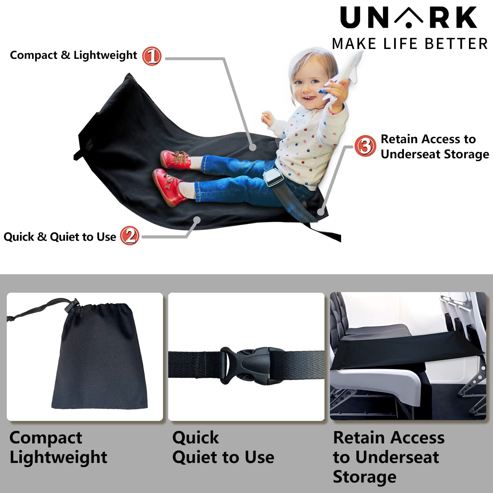 UNARK Kids Airplane Footrest - Portable Travel Foot Rest for Toddlers & Children, Lightweight Seat Extender Hammock (0.57 lbs, Black) - Perfect for Long Flights & Road Trips