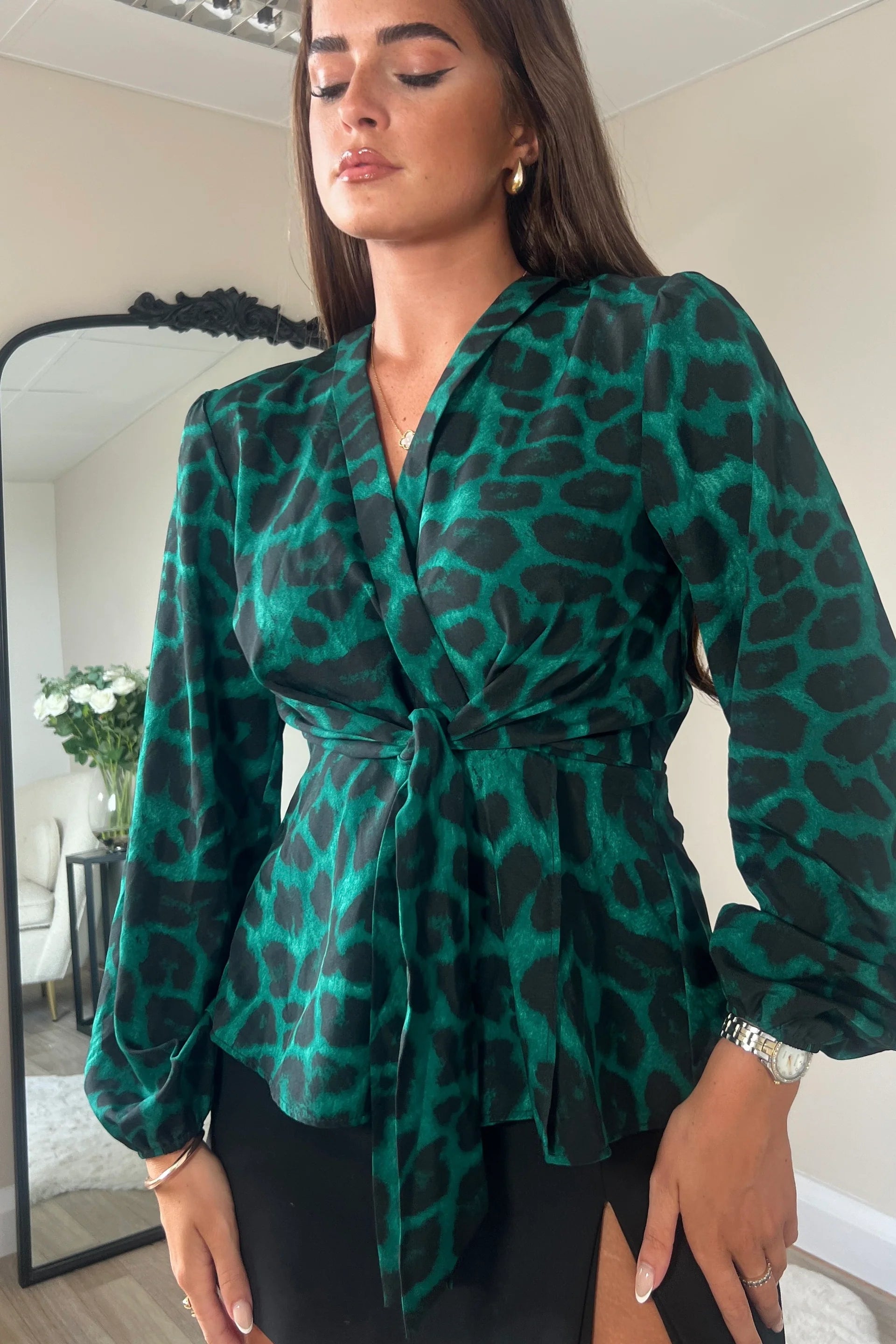 Brook Tie Front Top for Women - Green Animal Print Blouse, Casual & Elegant Style for Office, Date Night, and Summer Outfits