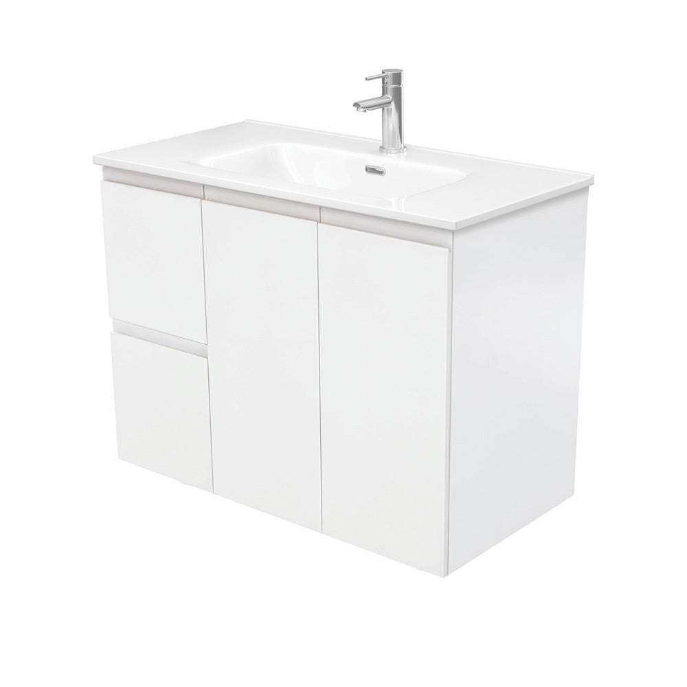 Fienza JOL90ZL Joli 900mm Wall Mounted Bathroom Vanity with Left Drawers & Finger Pull - Satin White Finish | Modern Space-Saving Design for Small Bathrooms & Powder Rooms