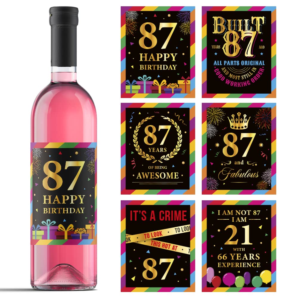 87th Birthday Wine Bottle Stickers - Set of 6 Personalized Wine Labels for 87 Year Old Birthday Party Decorations - Perfect for Anniversary Gifts, Wine Lovers & Celebration Supplies - Great for Milestone Birthdays, Retirement Parties & Special Occasions
