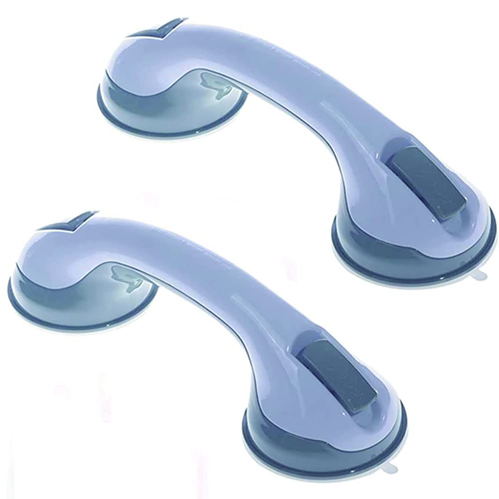 2 Pack Strong Suction Cup Grab Bar for Shower, Toilet & Bathroom - Non-Slip Armrest Handle with Dual Locking for Tiles, Glass, Hard Plastic & Cabinets - Light Gray (Ideal for Elderly, Disabled & Safety Support)