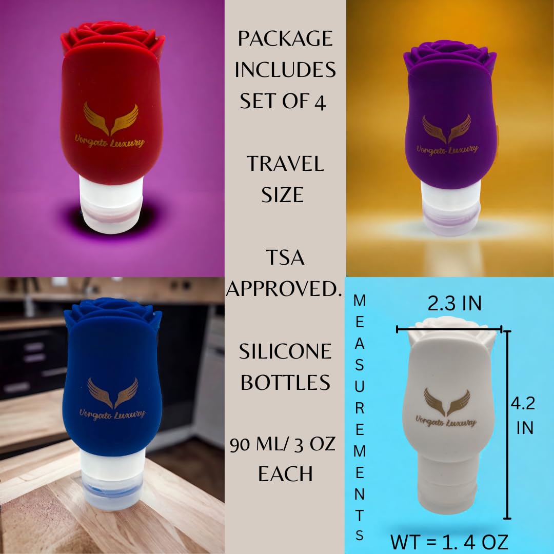 3oz Travel Toiletry Bottles Set of 4 - TSA Approved Leak Proof Silicone Containers for Shampoo, Lotion & Cosmetics - Perfect for Airplane Carry-on, Gym Bag & Vacation Essentials