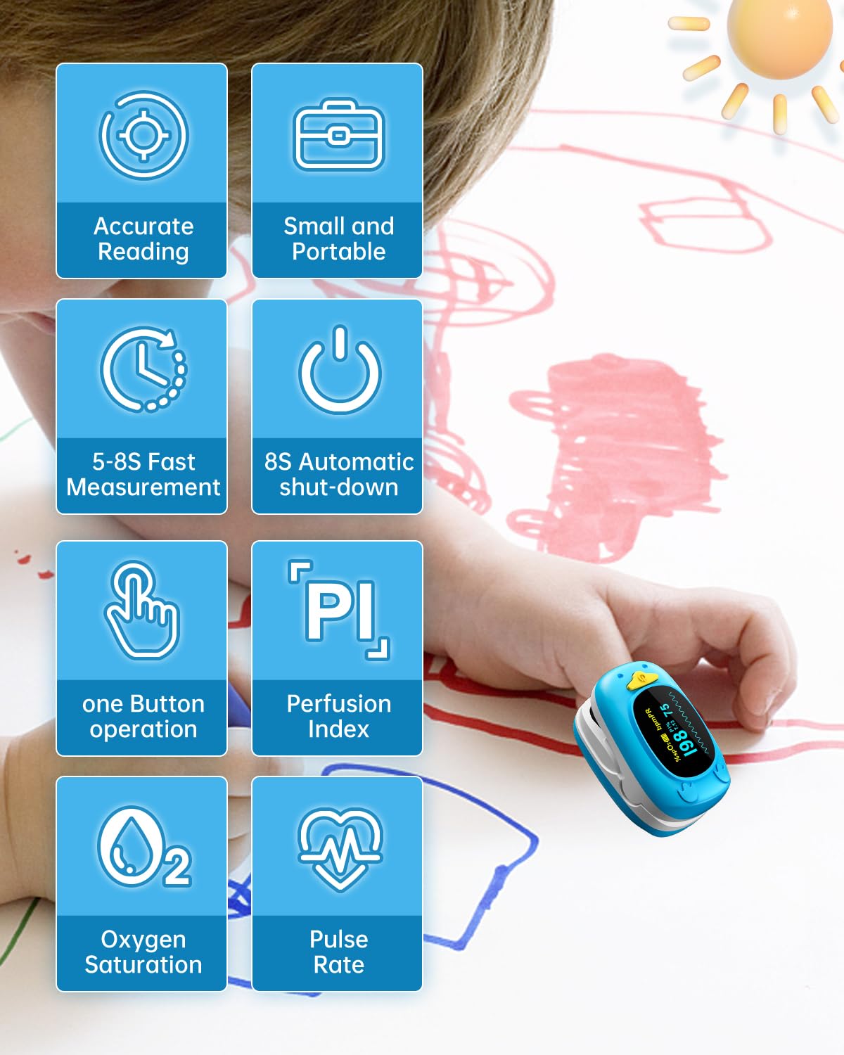 **Kids Fingertip Pulse Oximeter - Portable Blood Oxygen Saturation Monitor for Children with OLED Display & 2 AAA Batteries - Ideal for Home, Travel, and Sports Activities**