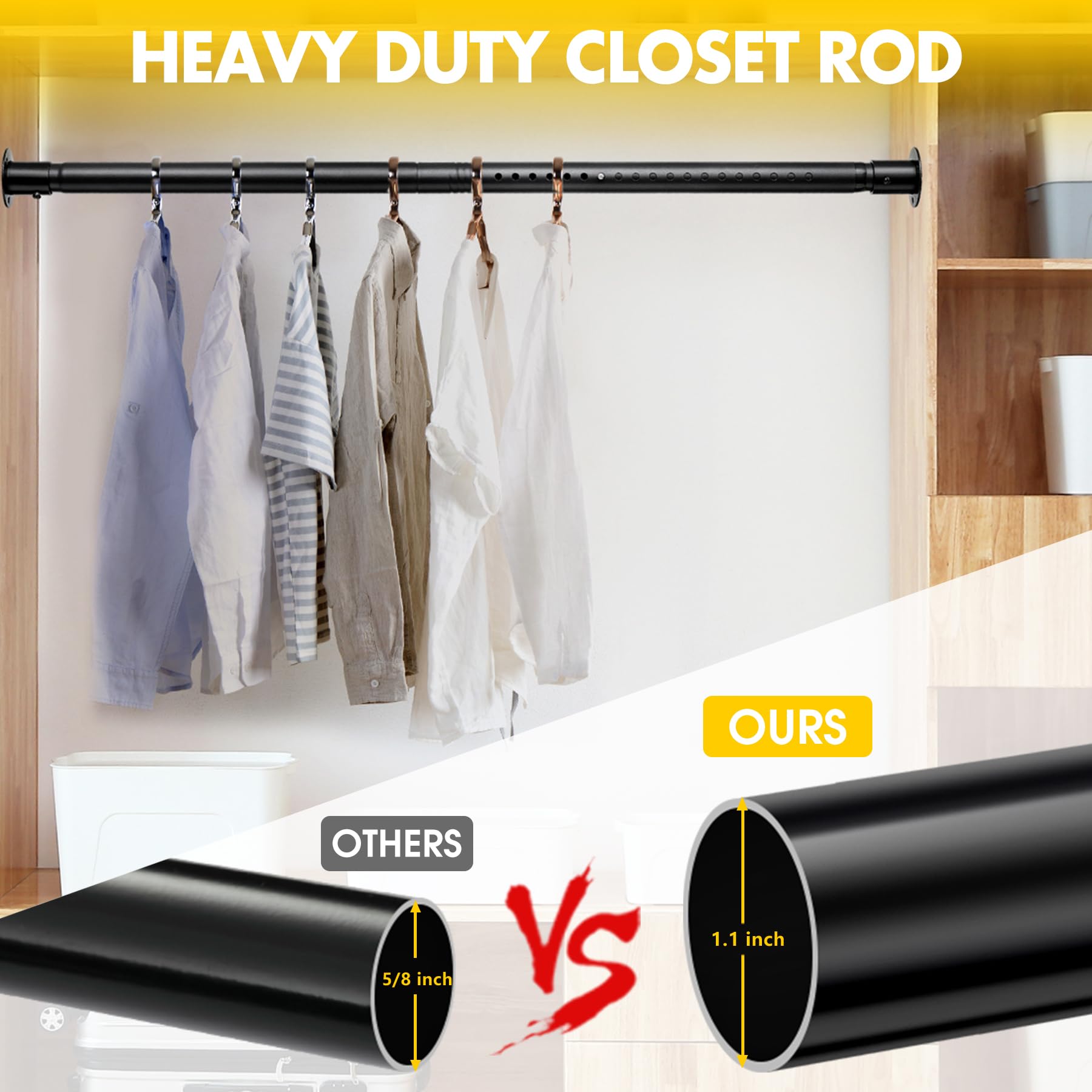 Adjustable Heavy Duty Closet Rod 17-96 Inch - Metal Garment Hanging Organizer for Wardrobes & Closets | Perfect for Hanging Clothes, Coats & Shower Curtains