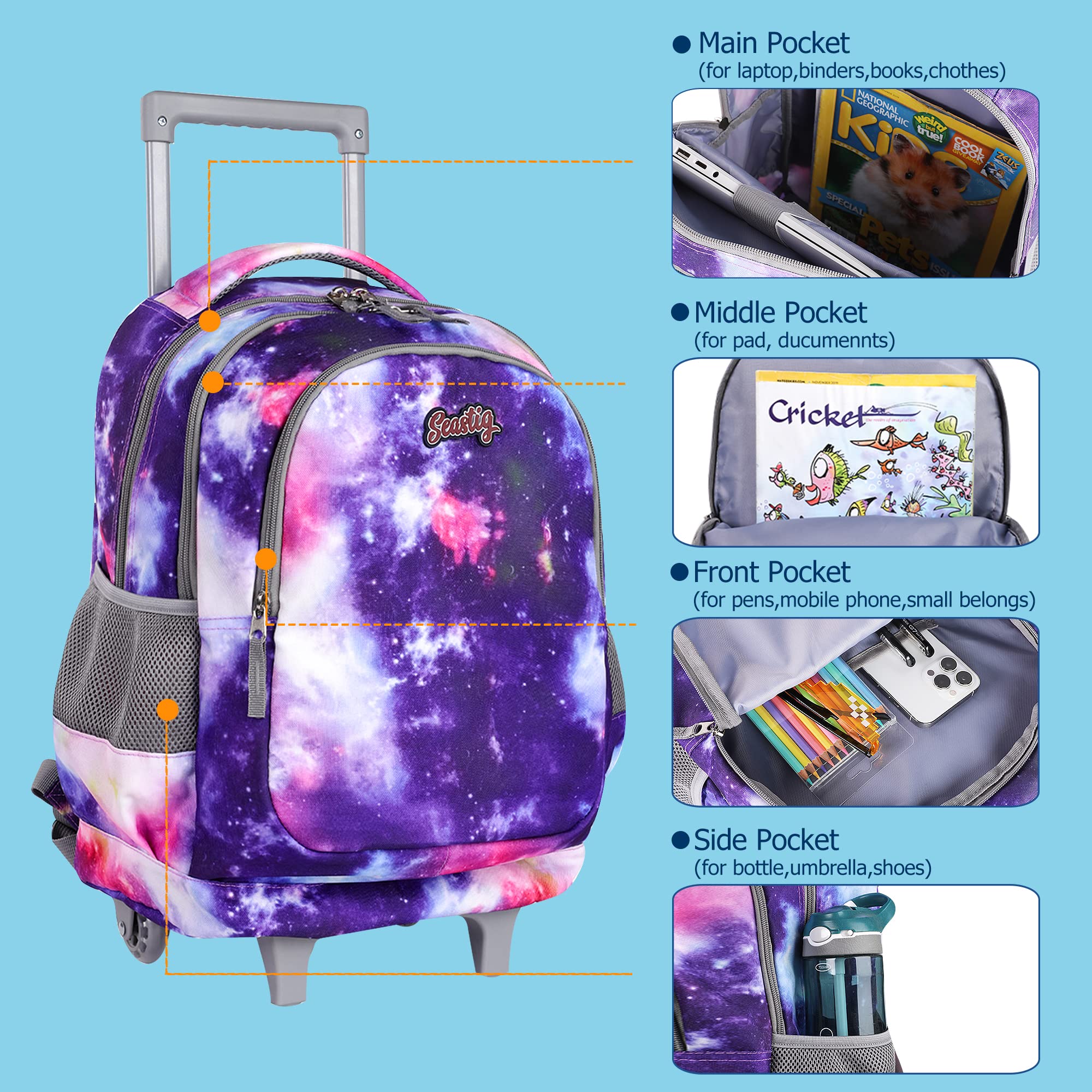 Seastig 18-Inch Rolling Backpack for Kids - Double Handle Wheeled Backpack with Detachable Lunch Bag Set for School, Travel & Daily Use - Perfect for Boys & Girls