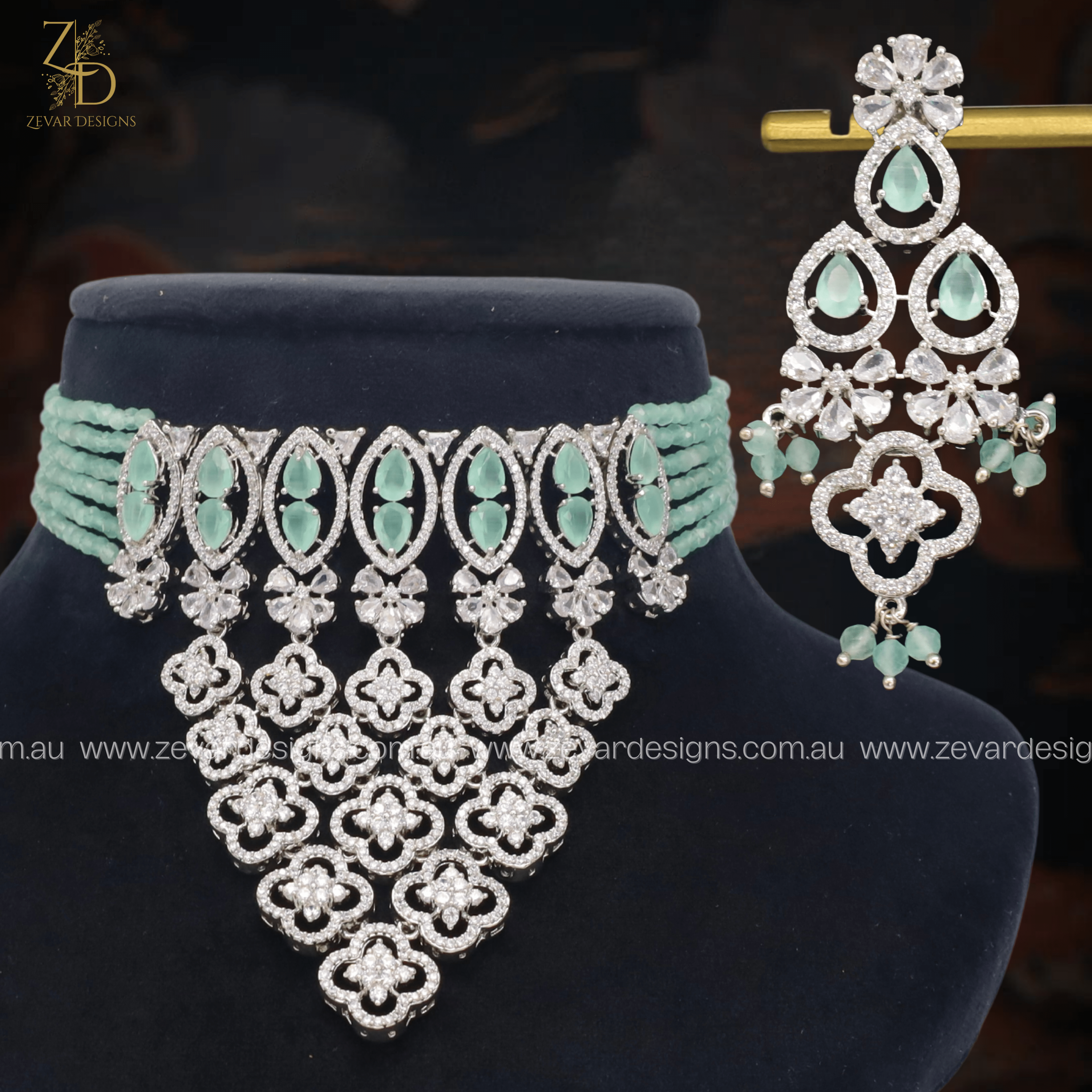 Zircon Choker Necklace Set in Mint Green - Elegant Layered Jewelry for Women, Perfect for Parties, Weddings & Everyday Wear