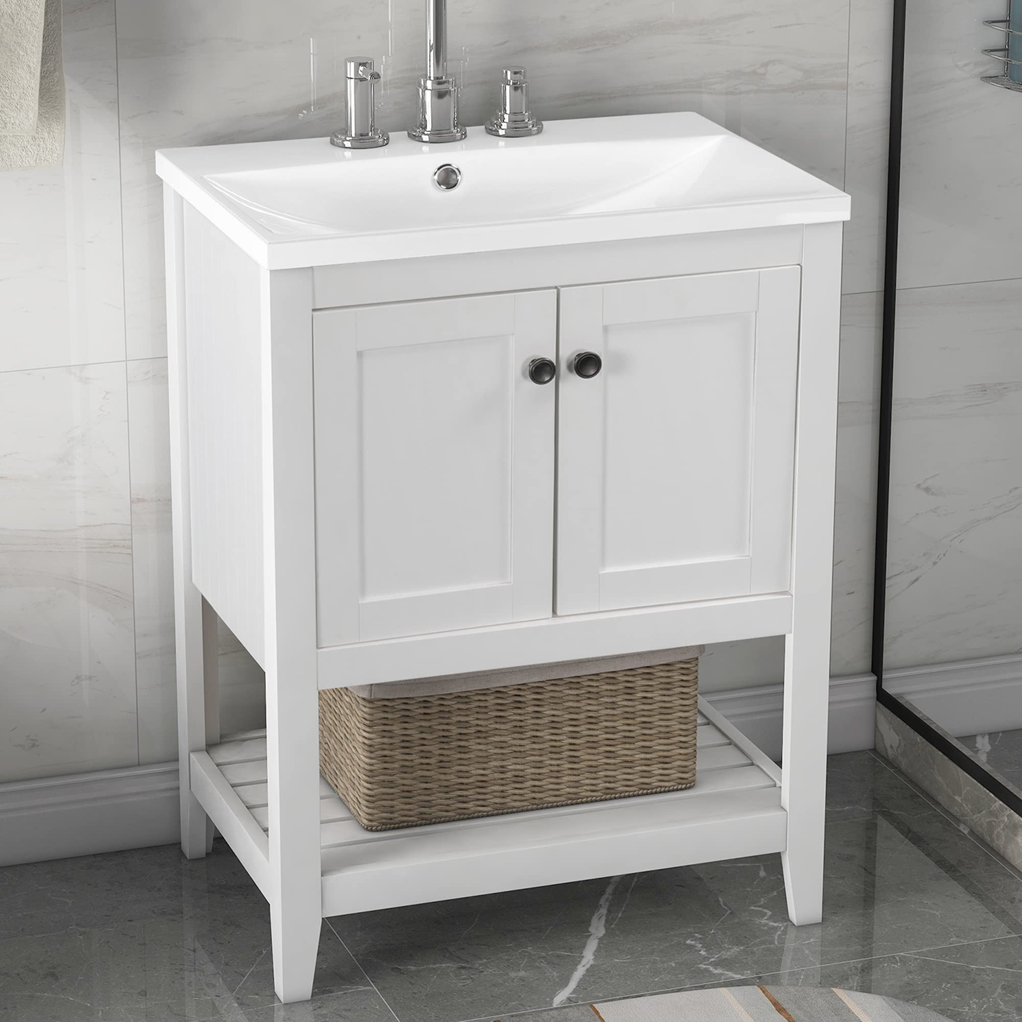 Modern White Bathroom Vanity with Ceramic Sink & Solid Wood Frame - Open Shelf Design for Small Bathrooms, Powder Rooms & Guest Baths - Perfect for Contemporary Home Decor & Space-Saving Storage Solutions