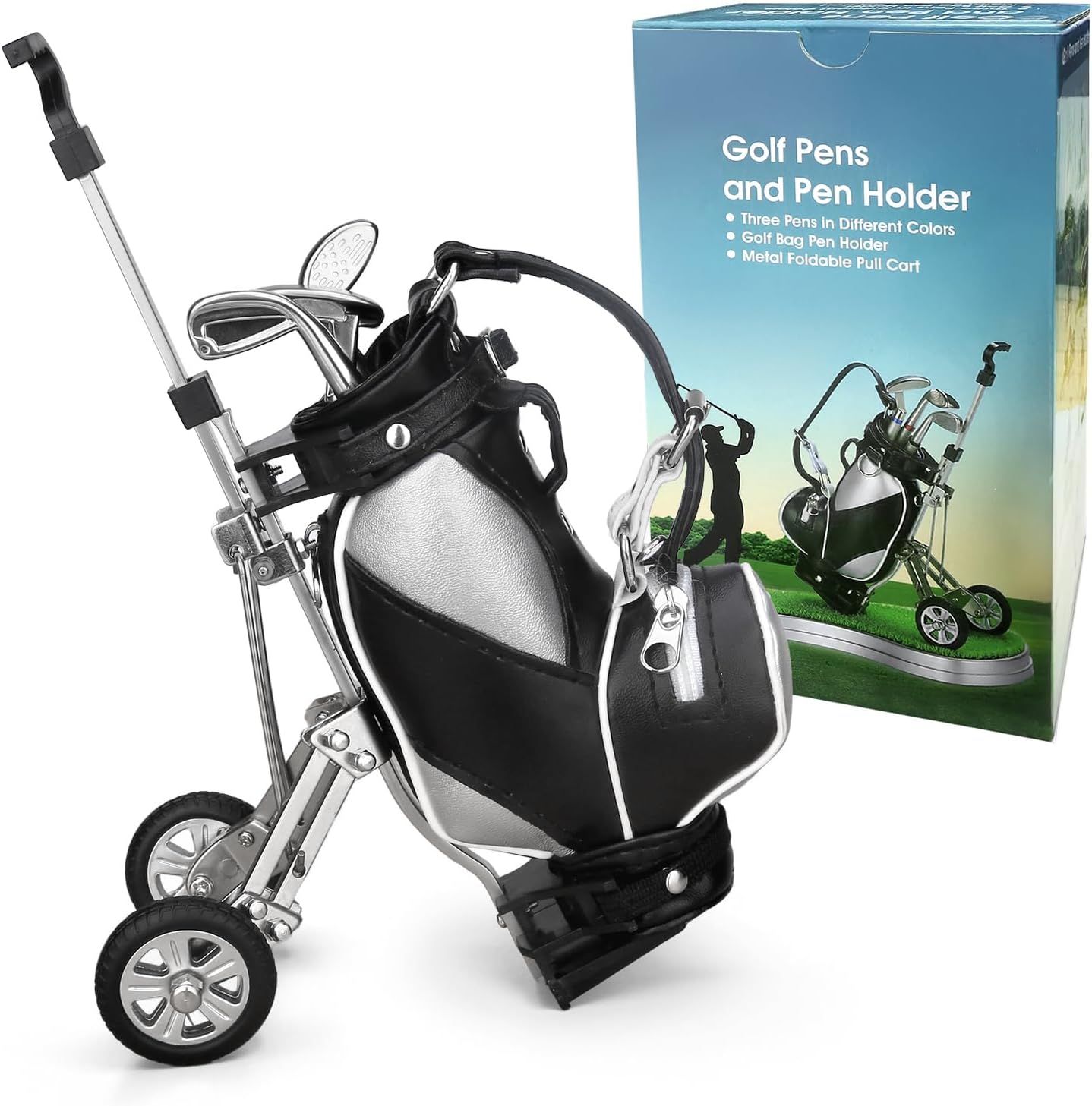 10L0L Golf Bag Pen Holder Set with 3 Club Pens - Movable Push Cart for Golf Enthusiasts | Perfect Gift for Golf Lovers | Ideal for Office, Home, or Golf Course Use