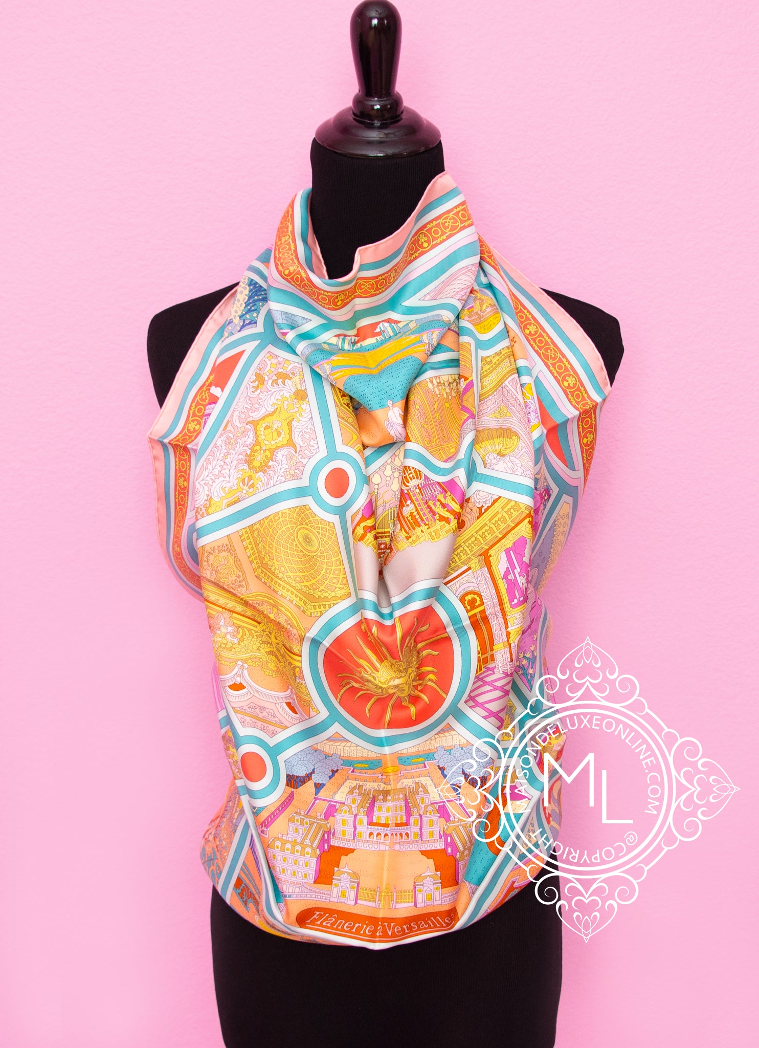 Authentic Hermes Pink Twill Silk 90cm Flânerie à Versailles Scarf - Luxury Fashion Accessory for Women, Gift for Her, Perfect for Parties & Special Occasions