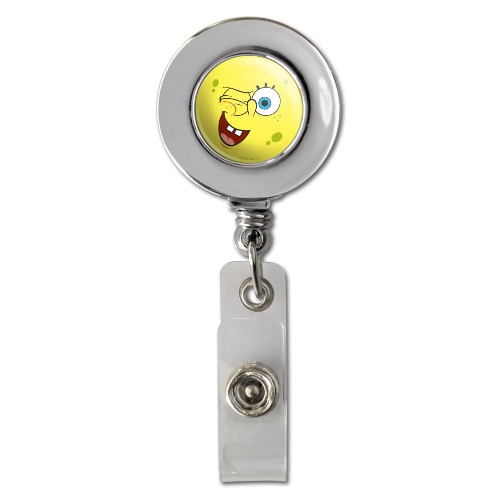 Spongebob Winking Face Retractable ID Badge Reel - Chrome Plated Metal ID Card Holder Clip for Work, School, Office, and Events