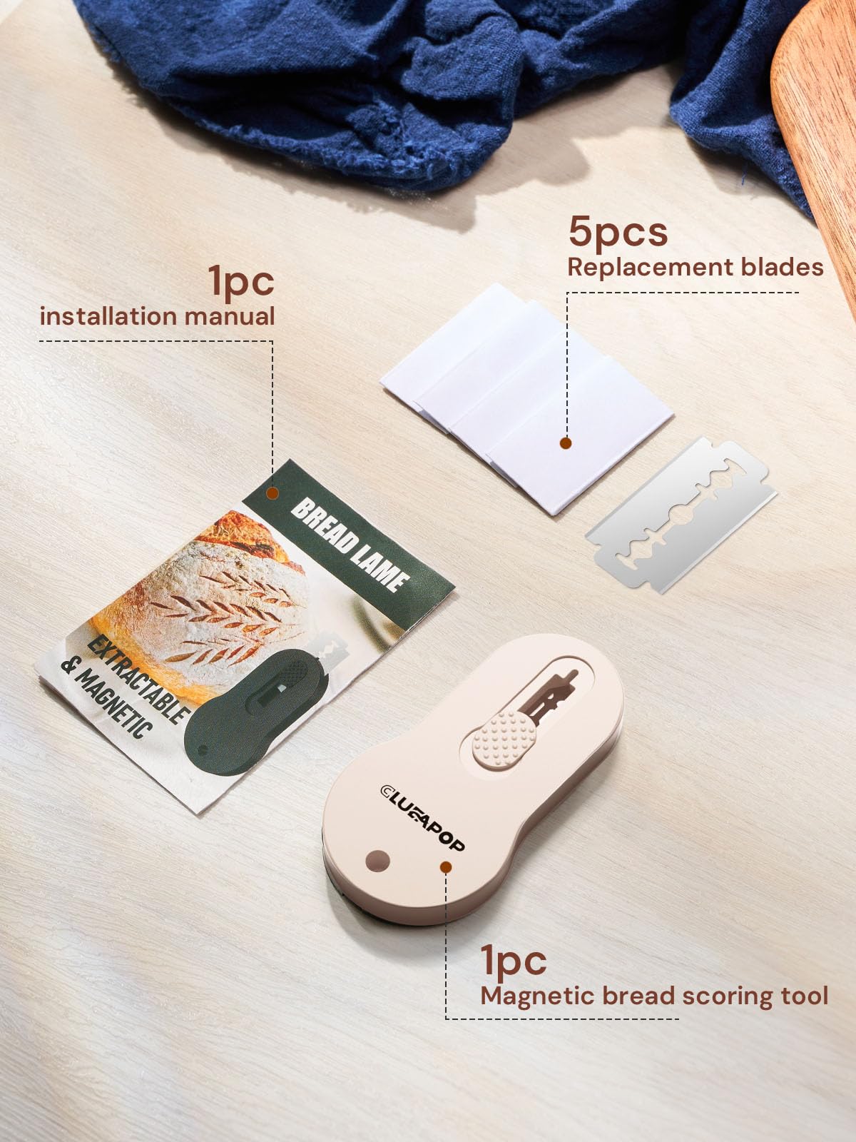 Premium Sourdough Bread Lame Kit - Stainless Steel Dough Scoring Tool with 5 Razor Blades & Magnetic Handle - Includes Scoring Patterns Booklet for Artisan Bread Baking - Perfect for Home Bakers & Professional Bakeries (Cream)