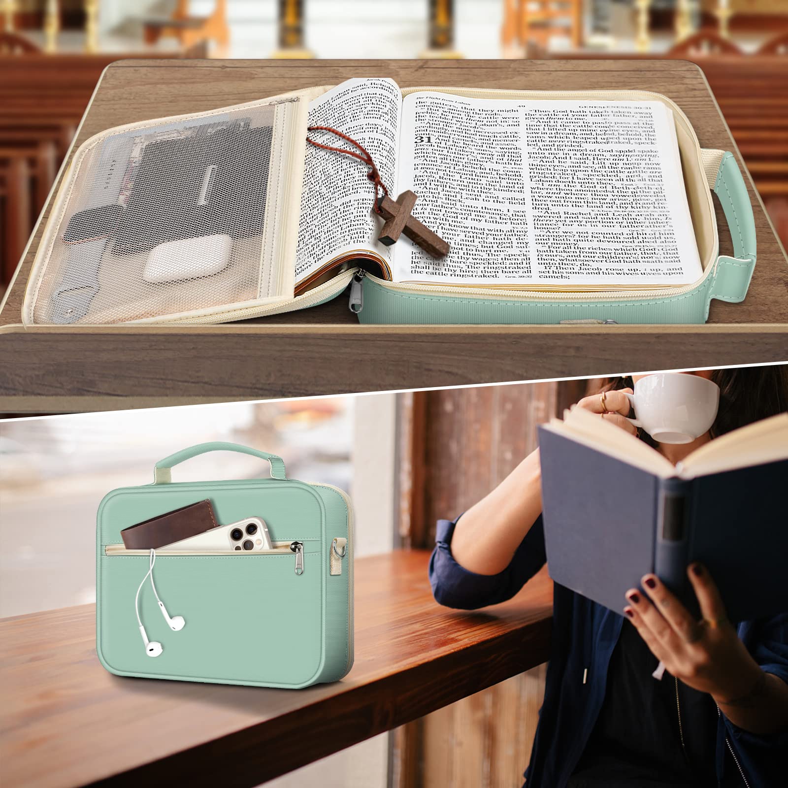 FINPAC Large Bible Cover with Shoulder Strap - Protective Book Case for Church & Travel, Light Green