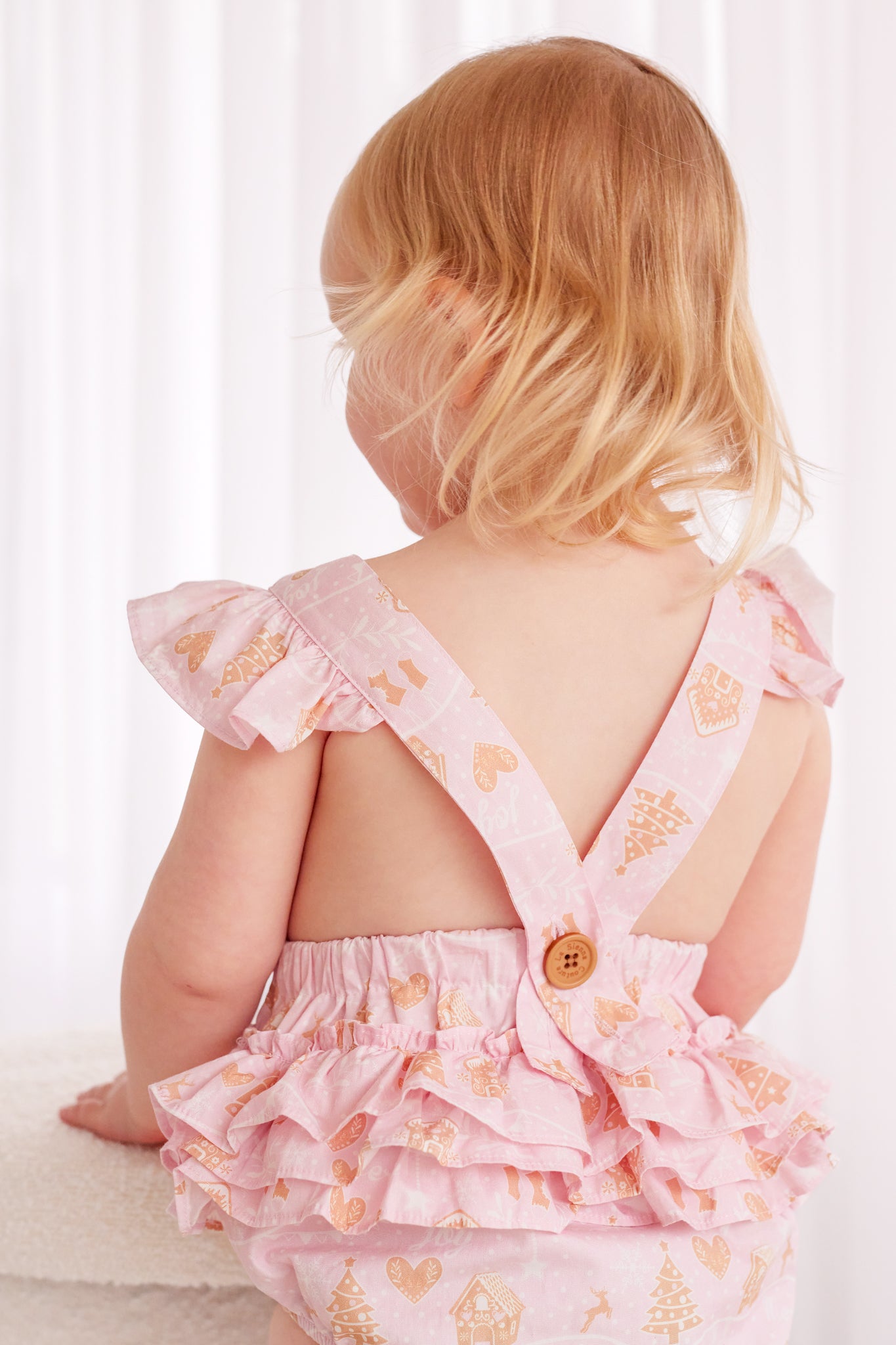 Pink Ruffle Sunsuit for Baby Girls - Christmas Village Holiday Outfit | Perfect for Holiday Photos, Parties & Festive Celebrations