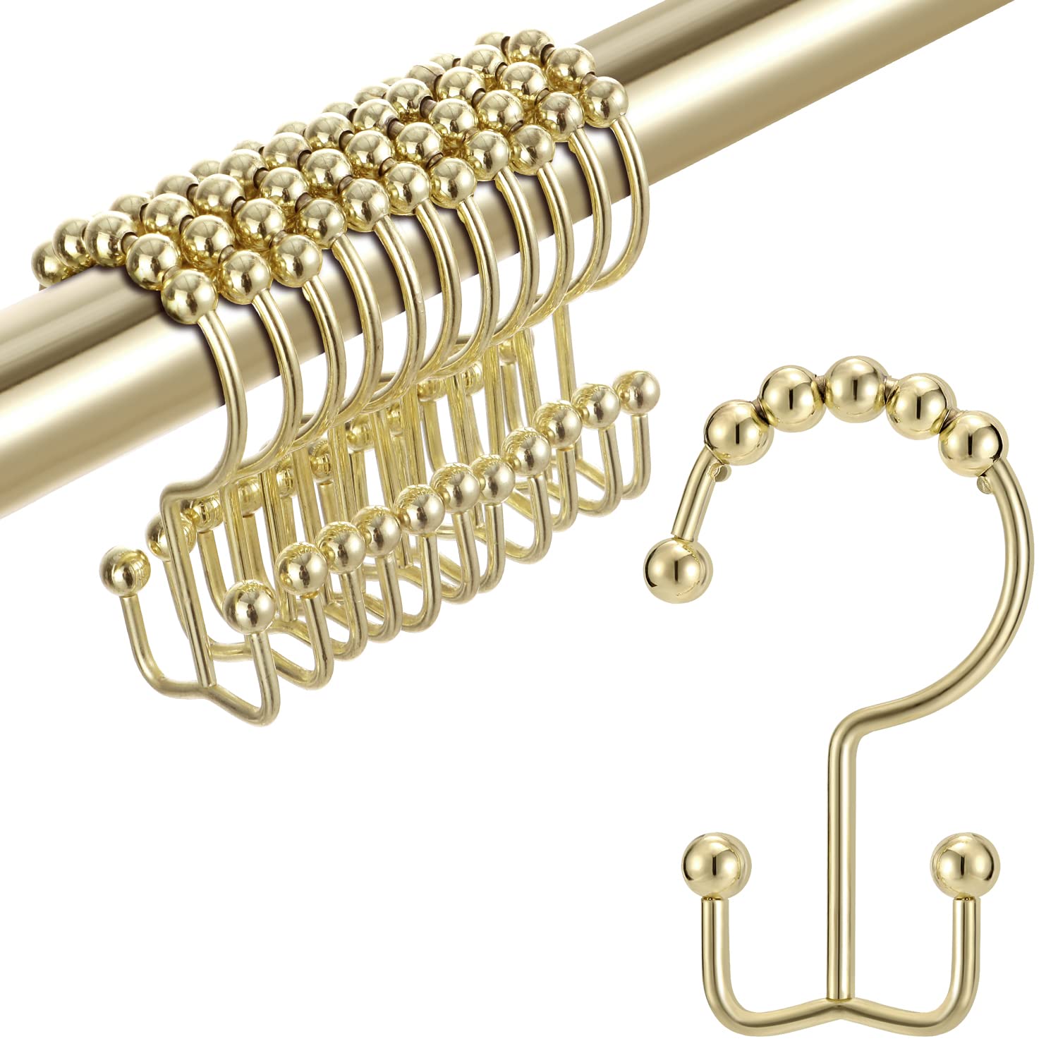 TENOVEL 12-Pack Gold Stainless Steel Shower Curtain Hooks - Double Sided Rust-Proof Bathroom Hangers for Shower Rods & Curtains - Durable Decorative Hooks for Bathroom, RV & Dorm Use