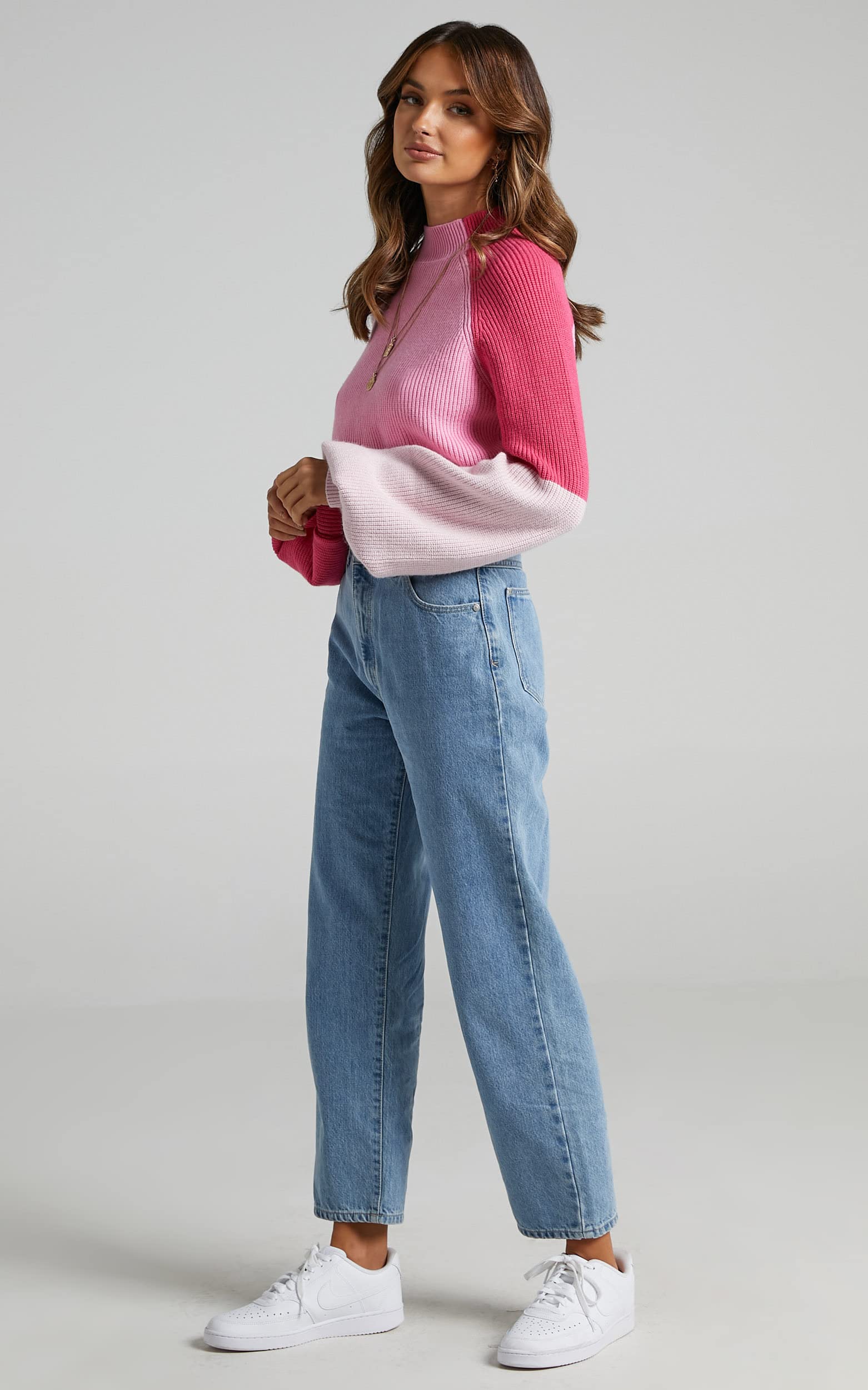 ZAFUL Women's Mock Neck Color Block Knitted Pullover Sweater - Casual Cropped Lantern Sleeve Jumper Top for Fall Winter Fashion, Office Wear & Date Night Outfits