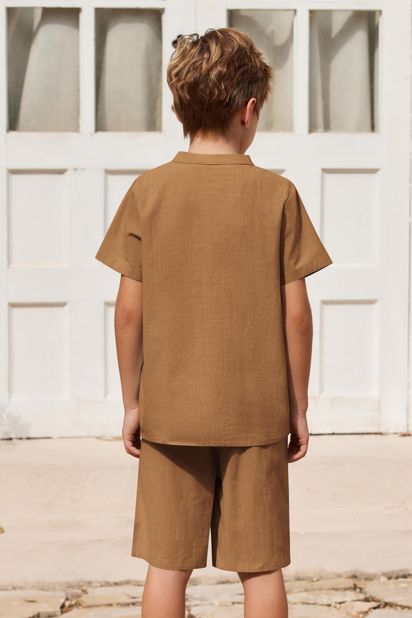 Arshiner Boys' 2-Piece Cotton Linen Outfit Set - Casual Henley Shirt & Short Sleeve Beach Shorts for Summer (5-12 Years) | Perfect for Beach Vacations, Playdates & Outdoor Adventures