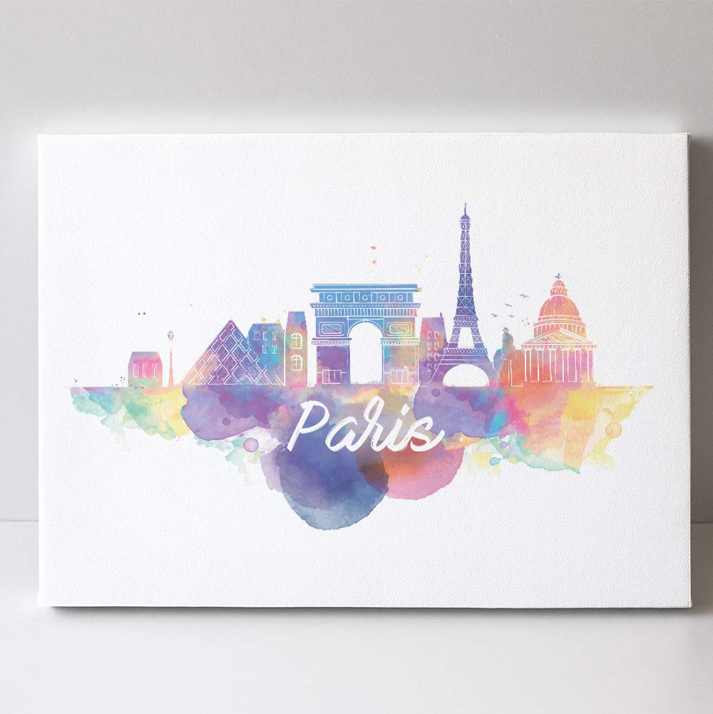 TJ Originals - Paris France Skyline Wall Art Canvas Print | Western Europe Travel Decor | Watercolor Cityscape Painting | Perfect for Home Office & Living Room Decor | Anniversary & Travel Gift Ideas