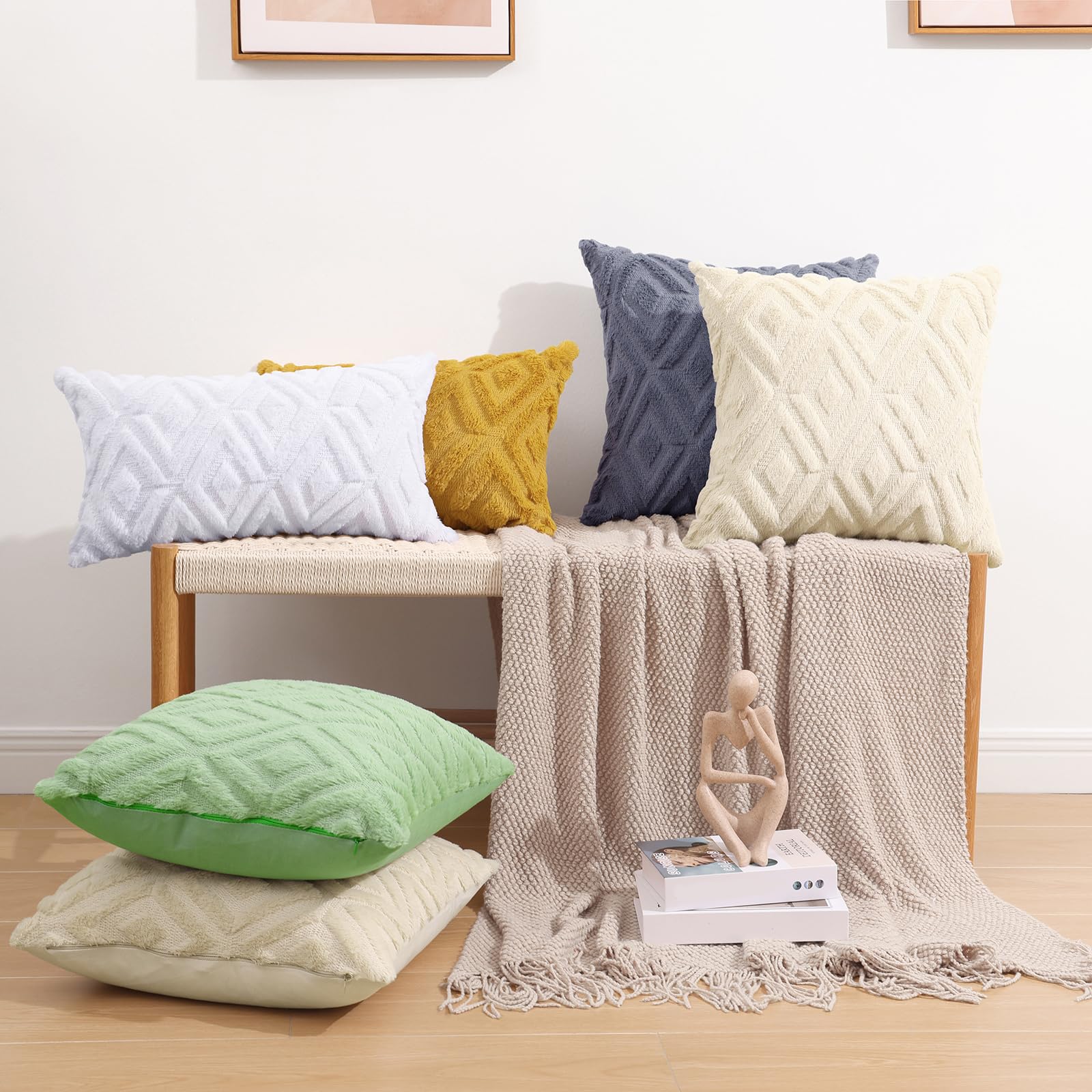 Pallene Soft Faux Fur Throw Pillow Covers 16x16 Set of 2 - Plush Wool Decorative Couch Pillow Covers for Sofa, Bed, Living Room - 3D Diamond Pattern - Pure White - Perfect for Cozy Home Decor and Winter Accents