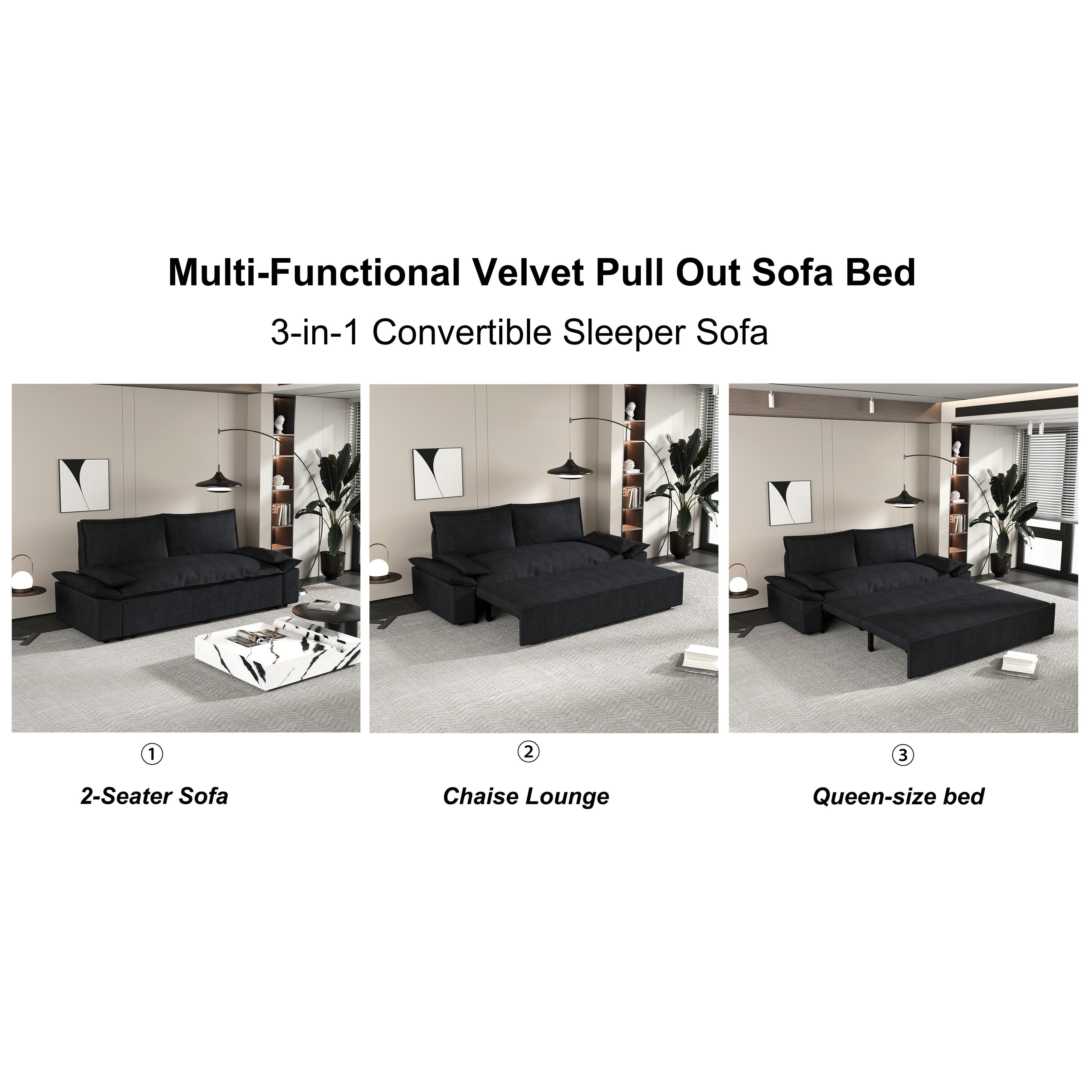 3 in 1 Convertible Sleeper Sofa Bed - Queen Size Pull Out Couch with Velvet Upholstery & Pillows - Space Saving Furniture for Small Apartments, Guest Rooms & Home Offices