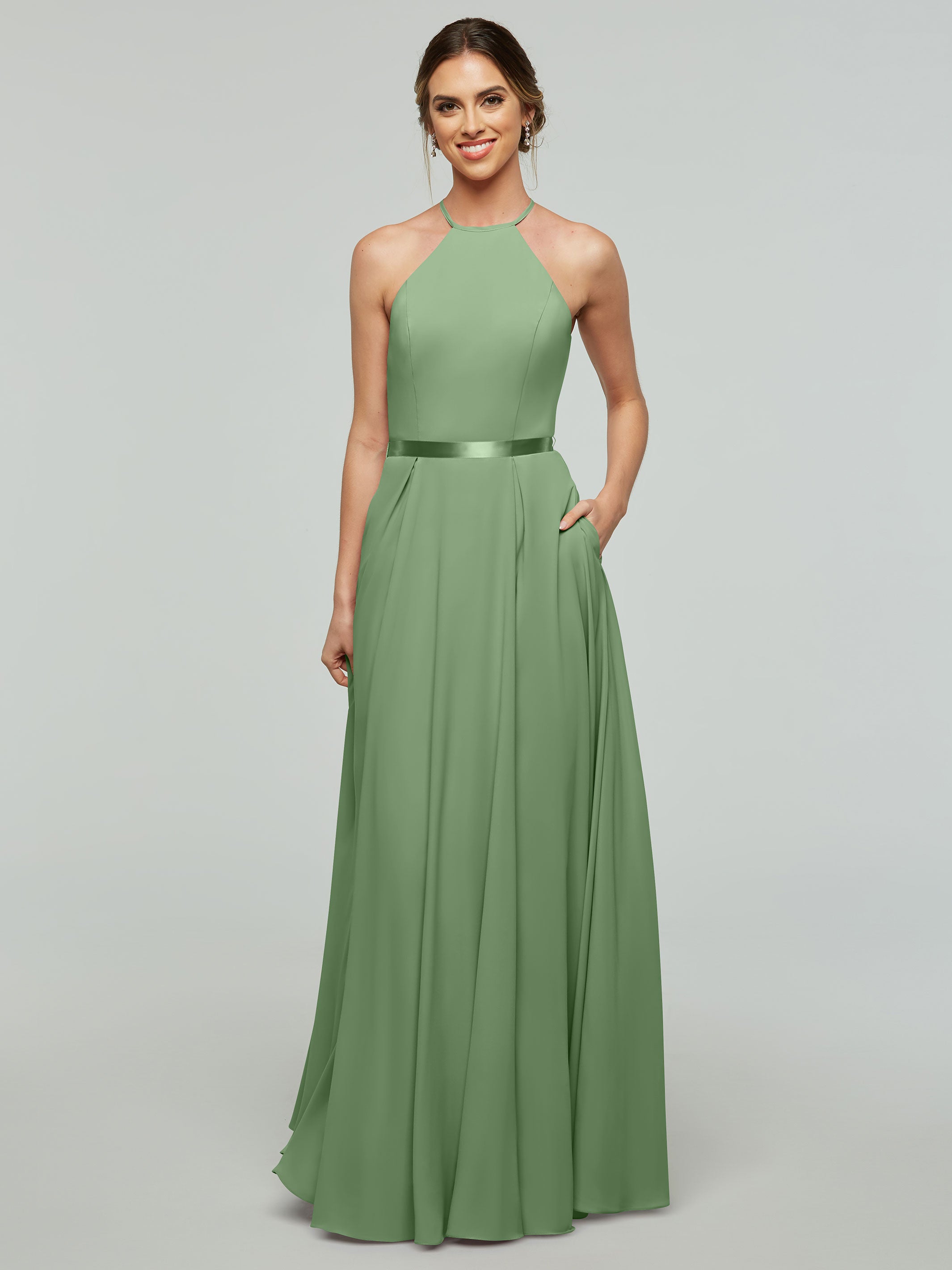 Elegant A-Line Stretch Chiffon Bridesmaid Dress with Halter Neckline & Adjustable Waist Belt - Perfect for Weddings, Formal Events & Special Occasions