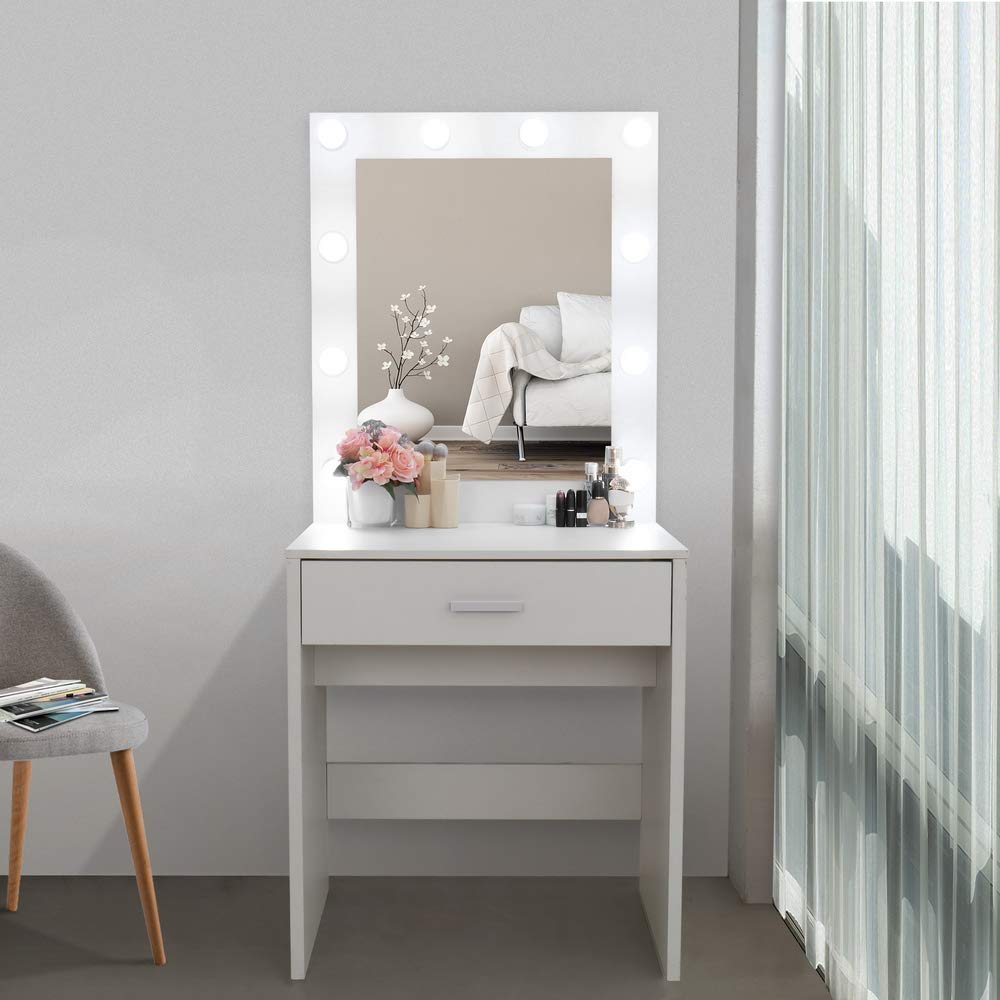GBB Single Drawer Vanity Table with LED Lights & Large Mirror - White Makeup Dressing Table for Bedroom, Home Office, Hair Salon & Studio - Perfect for Daily Makeup, Skincare Routine & Professional Beauty Services