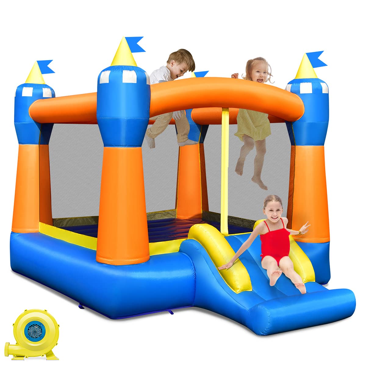OLAKIDS Magic Theme Inflatable Bouncer with Slide & Basketball Hoop - Indoor/Outdoor Kids Bouncy Castle with 480W Blower, Carrying Bag, Repair Kit & Stakes - Perfect for Birthday Parties, Backyard Fun & Playdates