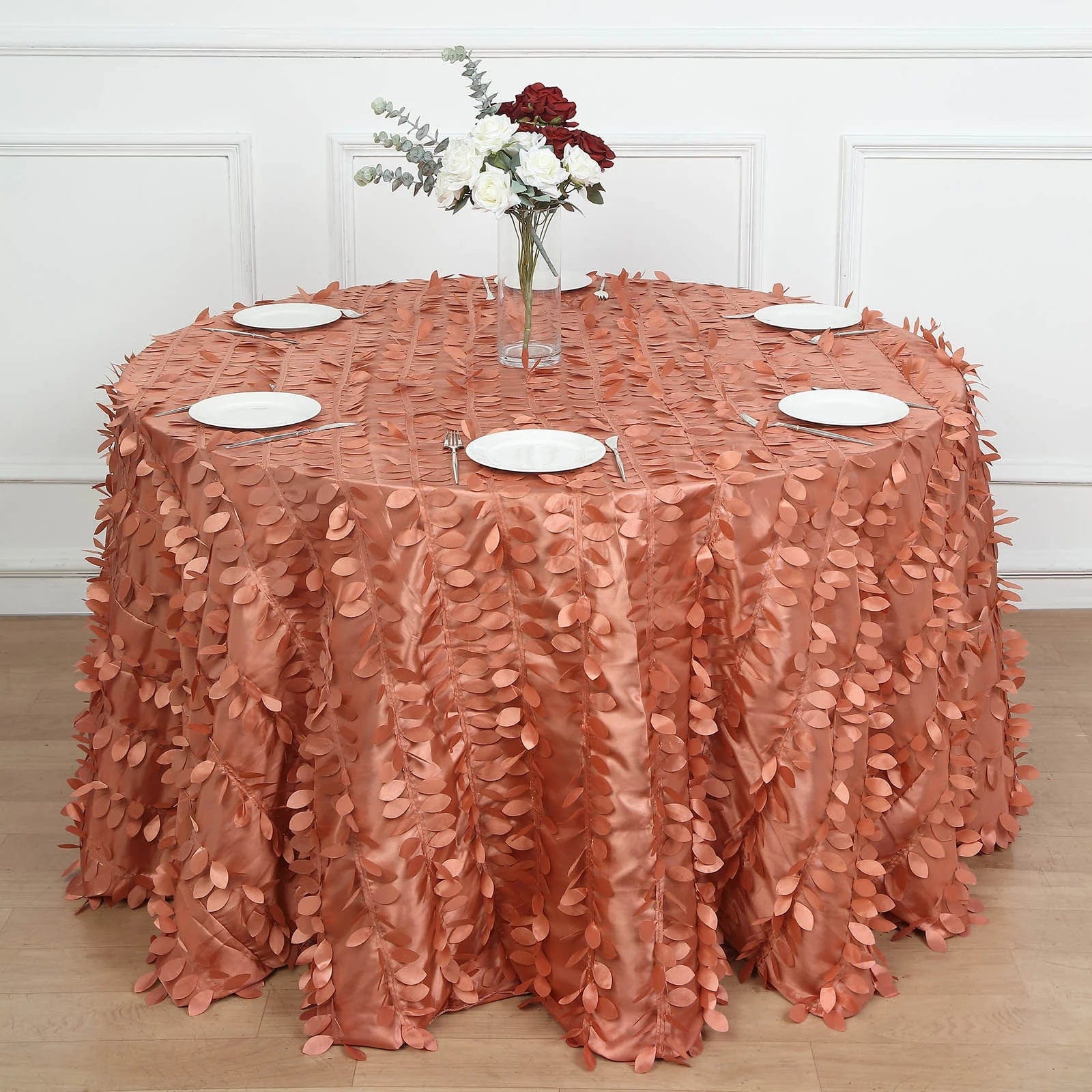 120 Inch Round Taffeta Tablecloth with Elegant Leaf Petal Design - Perfect for Weddings, Banquets, and Formal Dining Events