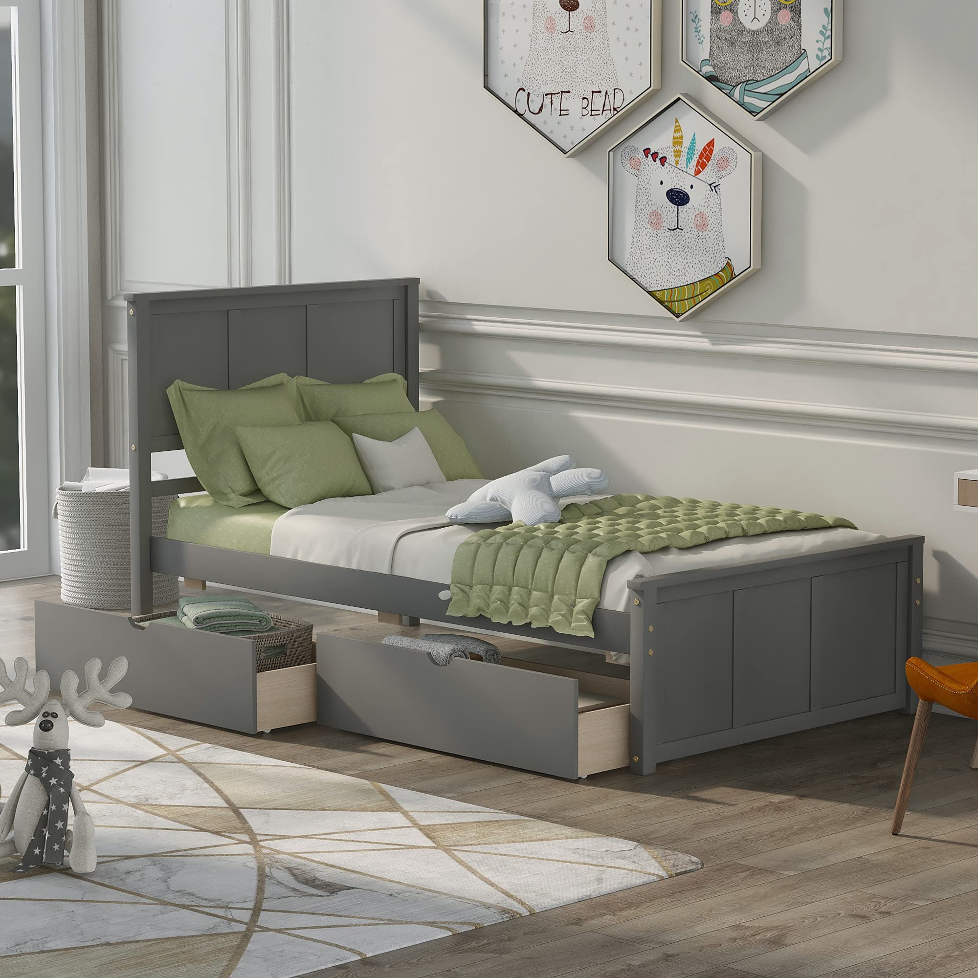 Twin Platform Bed with Drawers - Wooden Storage Bed with Headboard & Slat Support - No Box Spring Needed - Easy Assembly in Gray - Perfect for Small Bedrooms, Guest Rooms & Dormitories