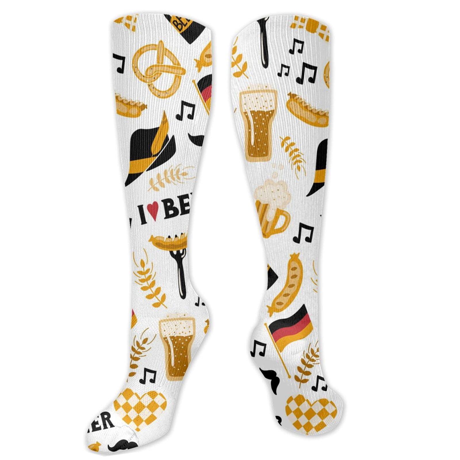 Oktoberfest Beer Hot Dog Music Note Socks - Fun Novelty Dress Crew Socks for Men & Women, Fuzzy Breathable Compression High Ankle Socks - Perfect for Dance Parties, Cosplay, Halloween Costumes, Festival Outfits, Gift Giving and Themed Events