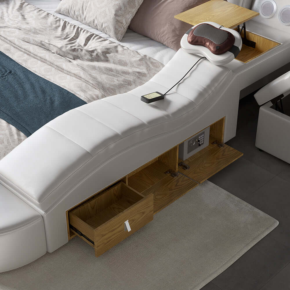 King Size White Smart Bed with Massage & Bluetooth Speaker - Faux Leather Upholstered Adjustable Bed for Ultimate Relaxation | Perfect for Bedroom, Home Theater & Luxury Living Spaces