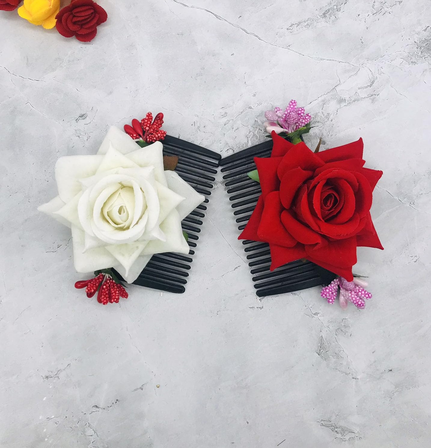 Gadinfashion™ Artificial Rose Flower Juda Comb - Women's Side Hair Clips for Wedding, Party & Special Occasions - Multicolor Hair Accessories (Pack of 2) - Perfect for Bridal Hairstyles, Prom, and Formal Events