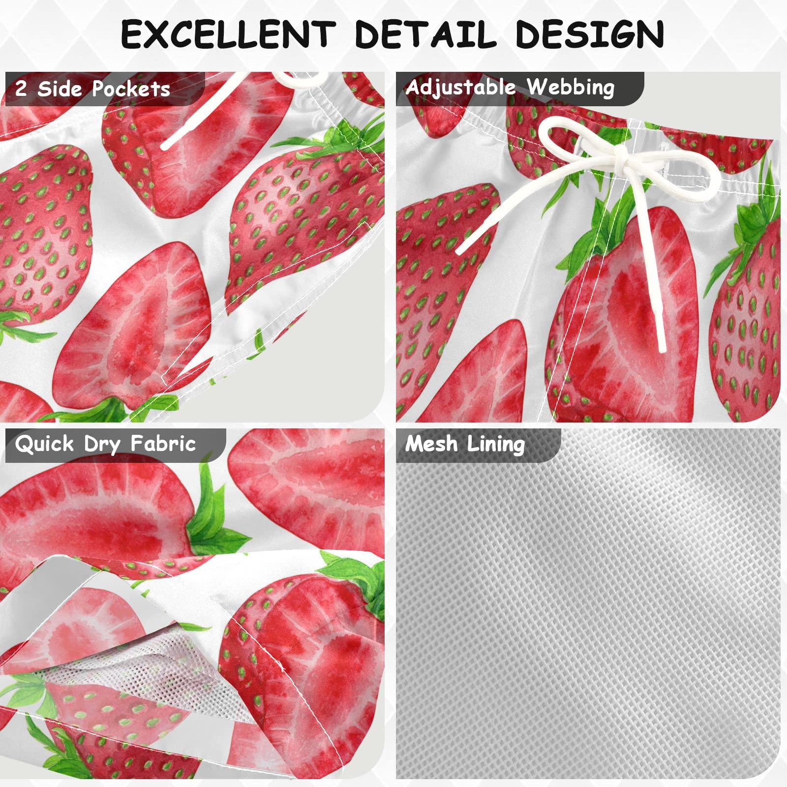 Dussdil Watercolor Juicy Strawberries Boys Swim Trunks - Quick Dry Kids Toddler Swimwear for Beach, Pool & Summer Activities | Cute Bathing Suits for Boys
