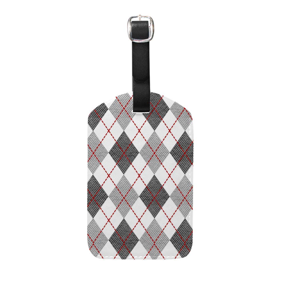 Kuizee Gray Argyle Diamond Plaid PU Leather Luggage Tag - Waterproof Durable Suitcase Labels (4.9×2.8 Inch) for Travel Bags, Backpacks & Carry-Ons - Perfect for Airports, Business Trips & Vacation Identification