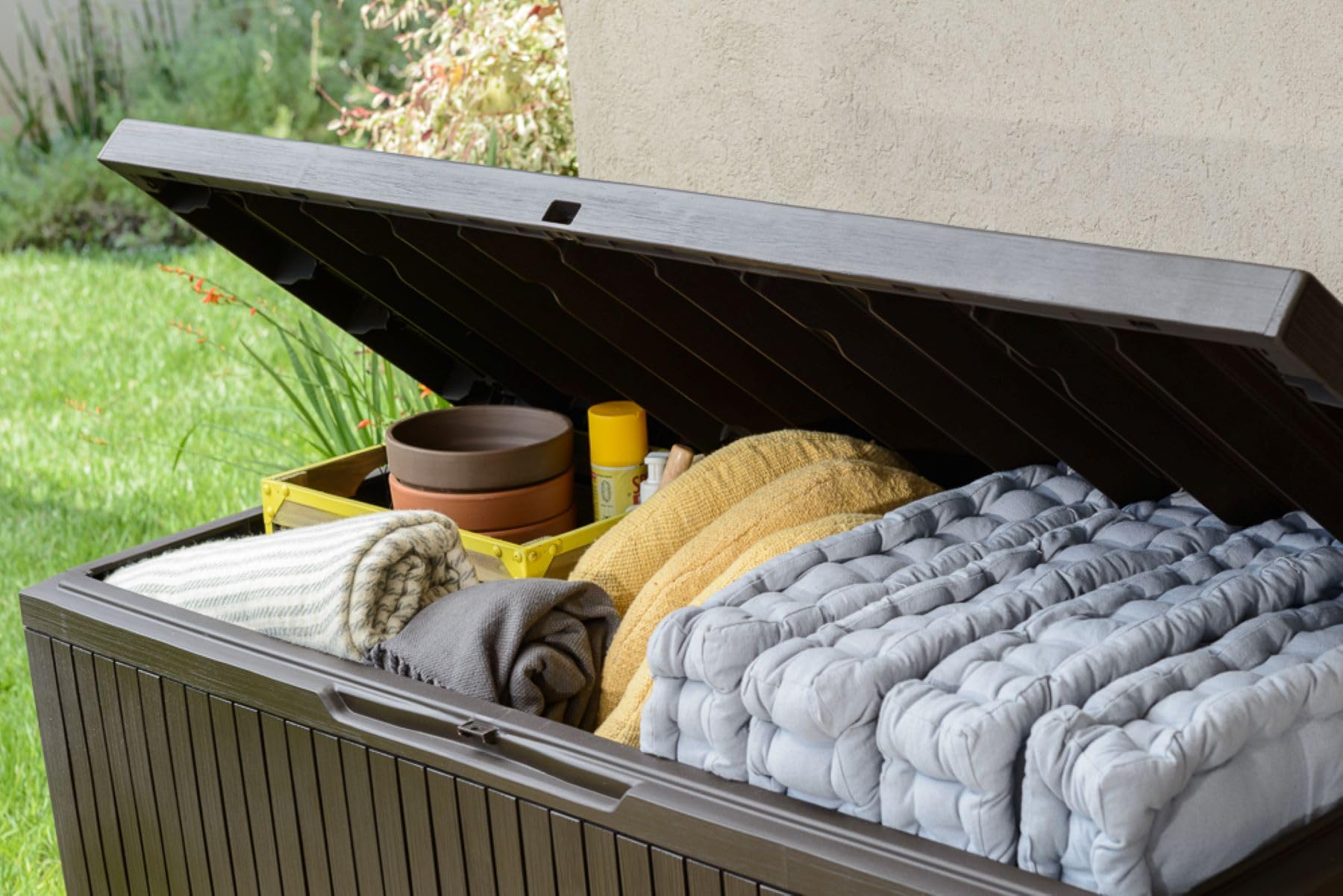 Keter Springwood 80 Gallon Resin Outdoor Storage Box - Weatherproof Deck Box for Patio Furniture Cushions, Garden Tools & Pool Accessories with Easy-Grip Handles, Brown - Perfect for Backyard, Deck & Poolside Organization
