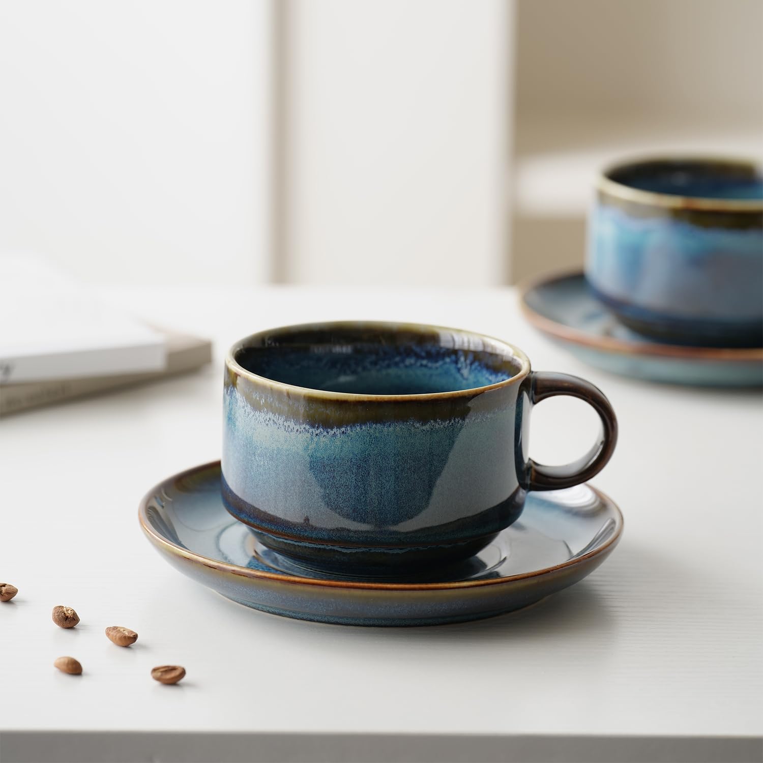 Premium 10oz Ceramic Cappuccino Cups with Saucers - Set of 2, Dishwasher & Microwave Safe - Perfect for Latte, Au Lait, Tea & Mocha - Reactive Blue Glaze - Ideal for Coffee Shops, Home Use & Gifts