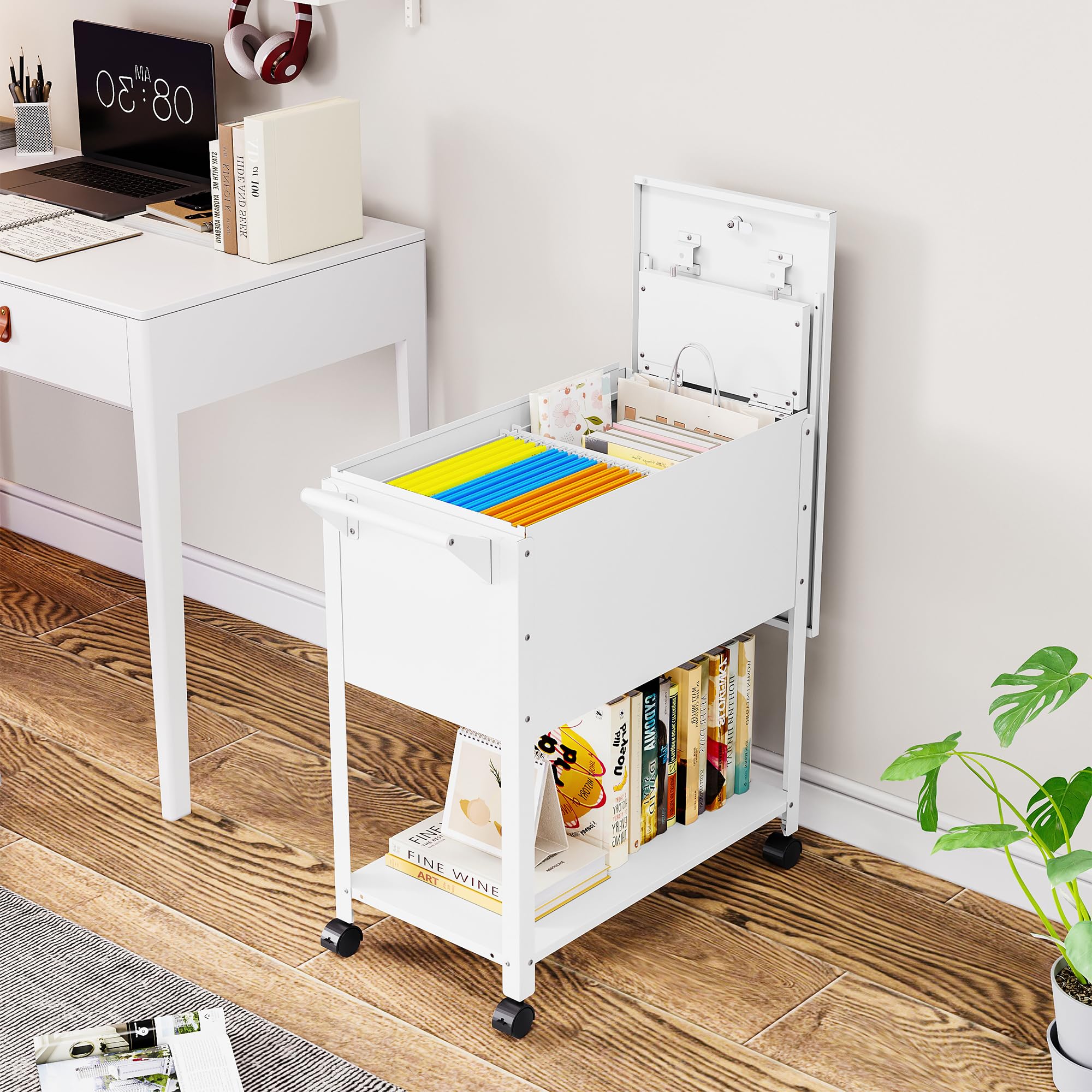 Metal Rolling File Cart with Wheels - Hanging File Organizer Cabinet for A4/F4/Letter/Legal Size - Mobile Office Storage Solution for Home & Office (White) | Perfect for Document Management & Workspace Organization