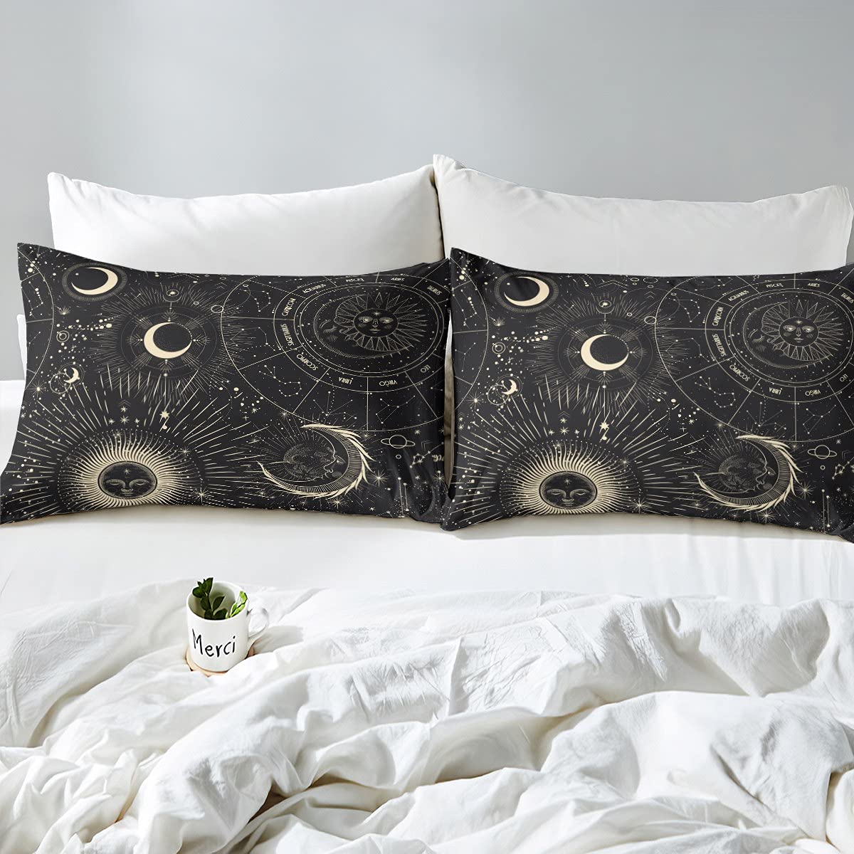 Bohemian Sun Moon Galaxy Queen Sheet Set - Starry Sky Constellation Fitted & Flat Sheets - Deep Pocket Cartoon Design in Golden Black - Exotic Style Bedroom Decor for Teens & Adults - Perfect for Boho Chic, Dorm Room or Guest Bedroom Decorations