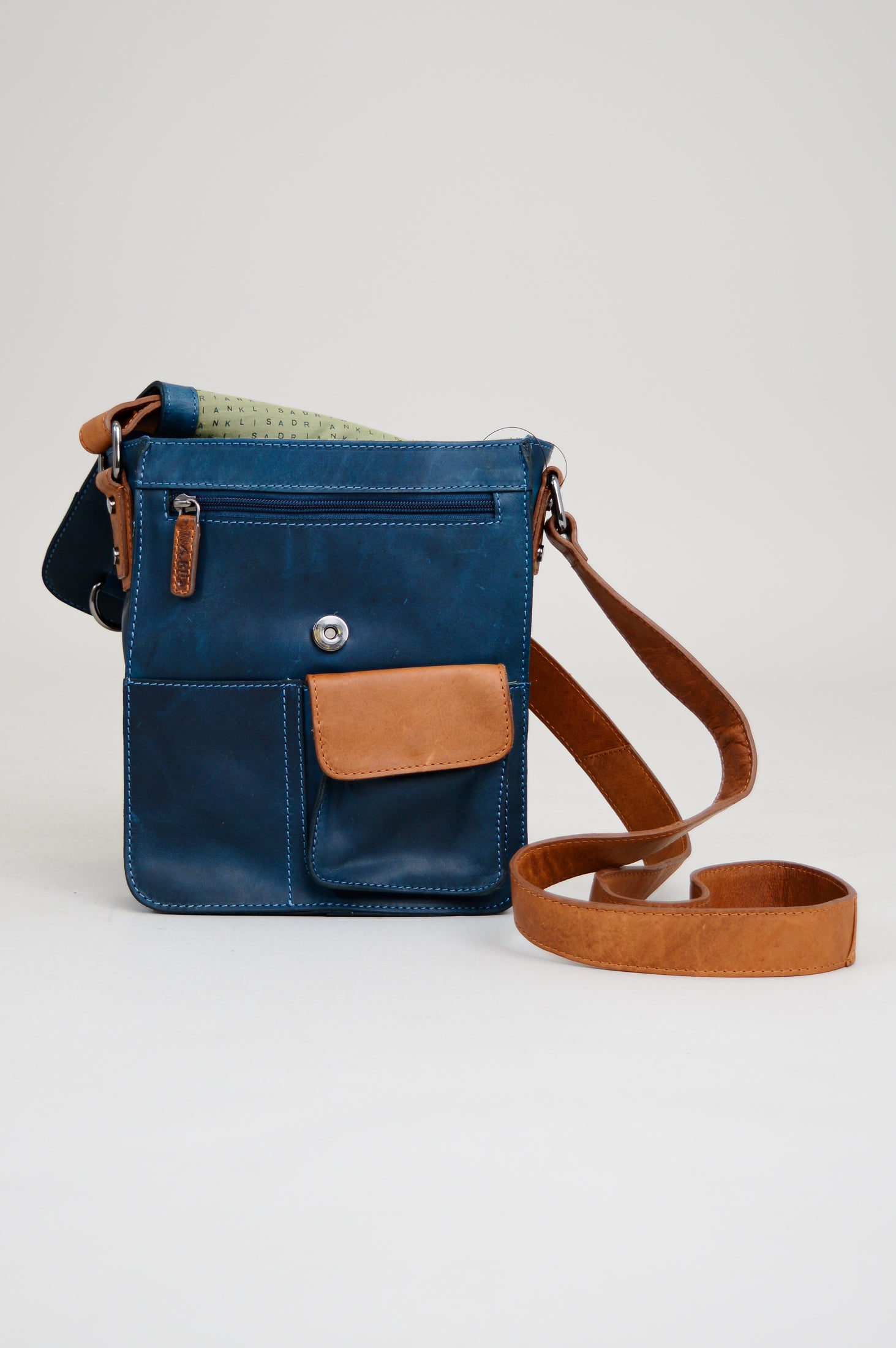Premium Buffalo Leather Adrian Klis 1728 Bag in Blue & Tan - Stylish Durable Crossbody Bag for Work, Travel & Everyday Use