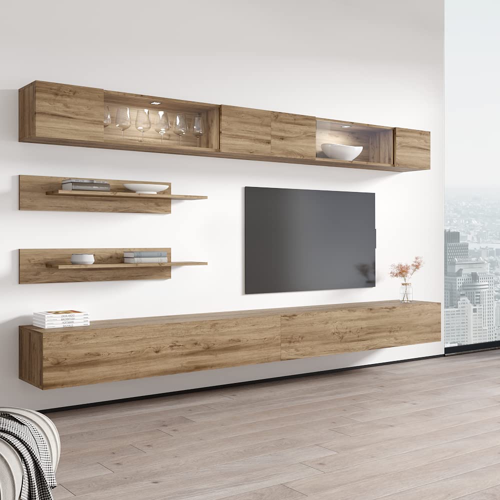 Modern Floating TV Stand with Storage & LED Lights - Wall-Mounted Entertainment Center for Living Room & Bedroom - Oak Wood TV Console with Shelves - Perfect for Small Spaces & Home Theater Setup